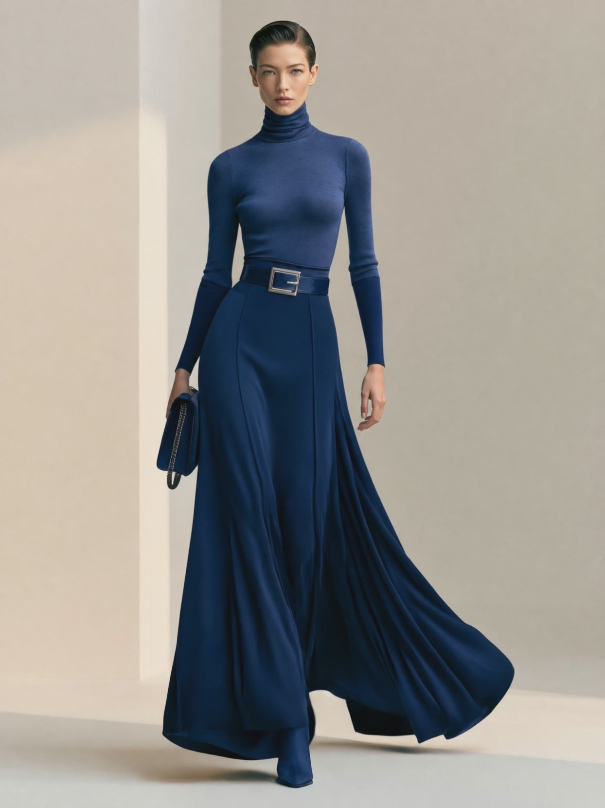 Women's Elegant Navy Turtleneck Top & Flowy Maxi Skirt Set (Without Belt)