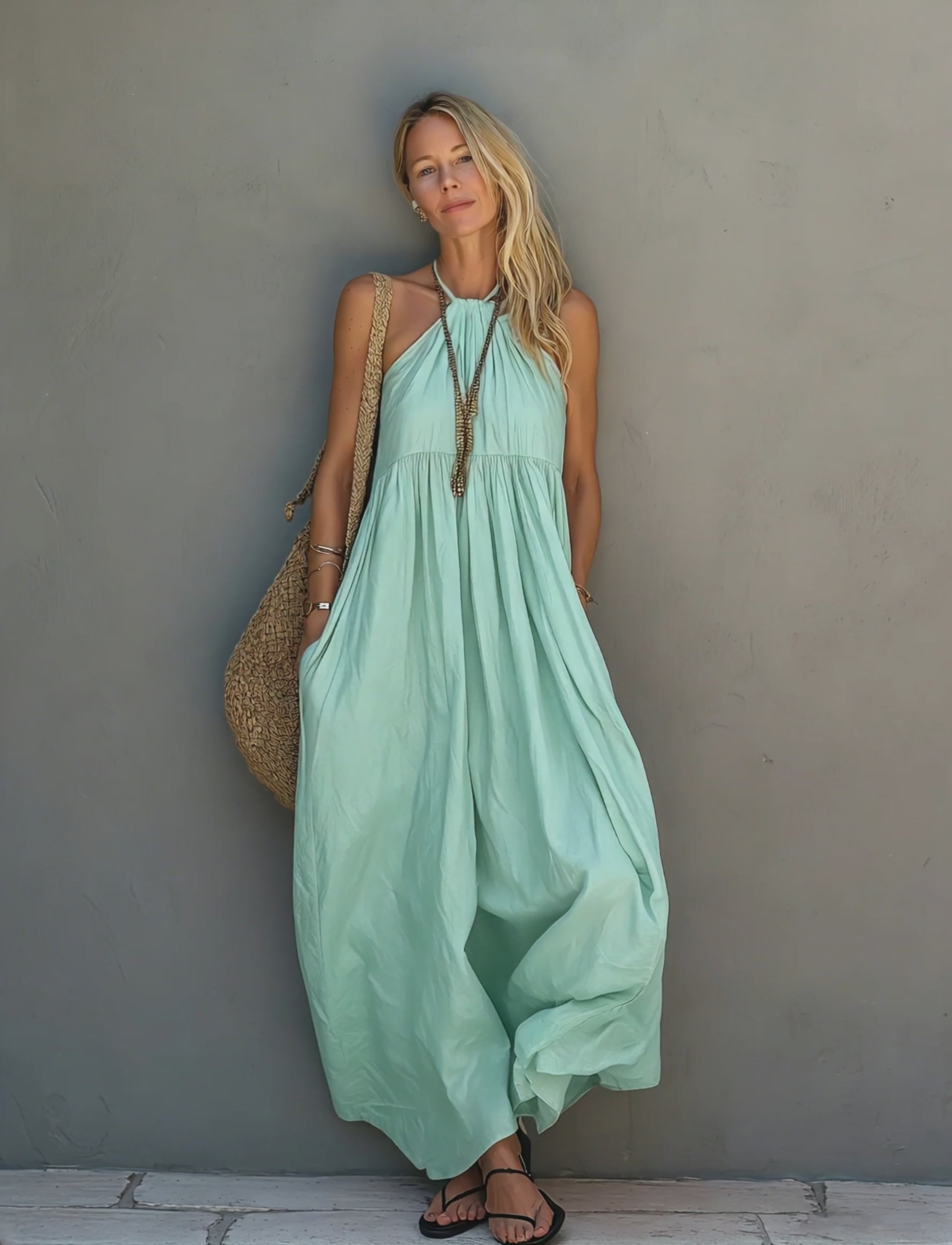 Women's Casual Woven Halter-Neck Sleeveless Jumpsuit In Mint Green MDZ0802E5LXY