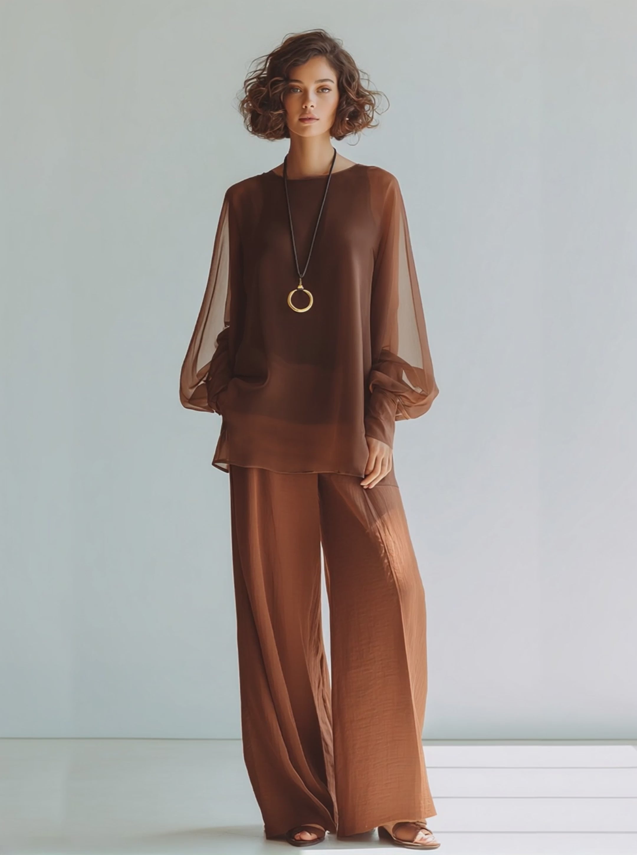 Women's Coffee Brown Transparent Chiffon Matching Outfit With Puff Sleeve Loose Blouse & Draped Full Length Wide Leg Pants, Contemporary Versatile Summer Two-Piece Set MDZ2448F9LYL