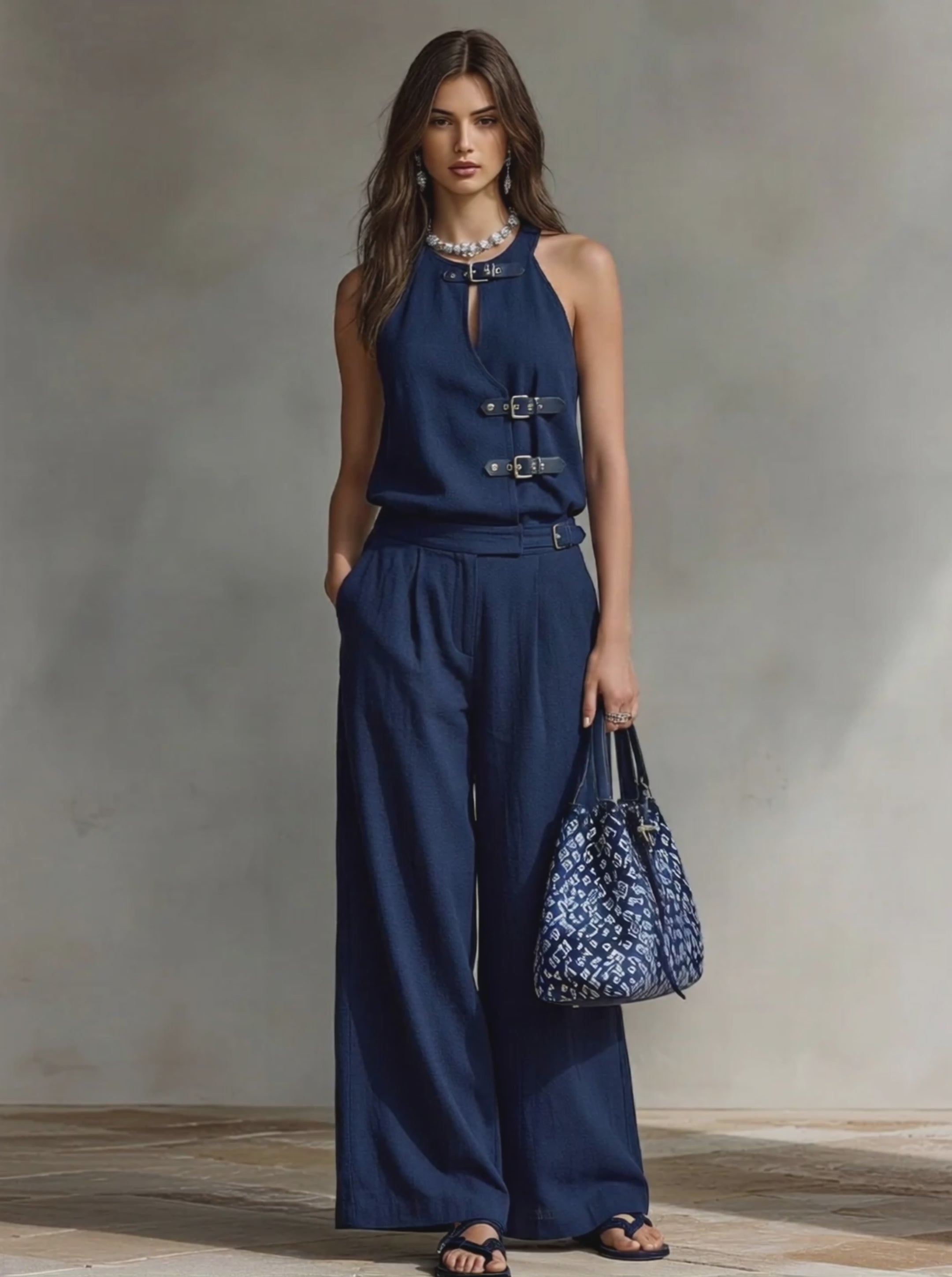 Women's Navy Linen-Blend Halter Two-Piece Set With Buckle Details & Wide-Leg Pants, Modern Nautical-Chic Outfit MDZ2158D1LYL