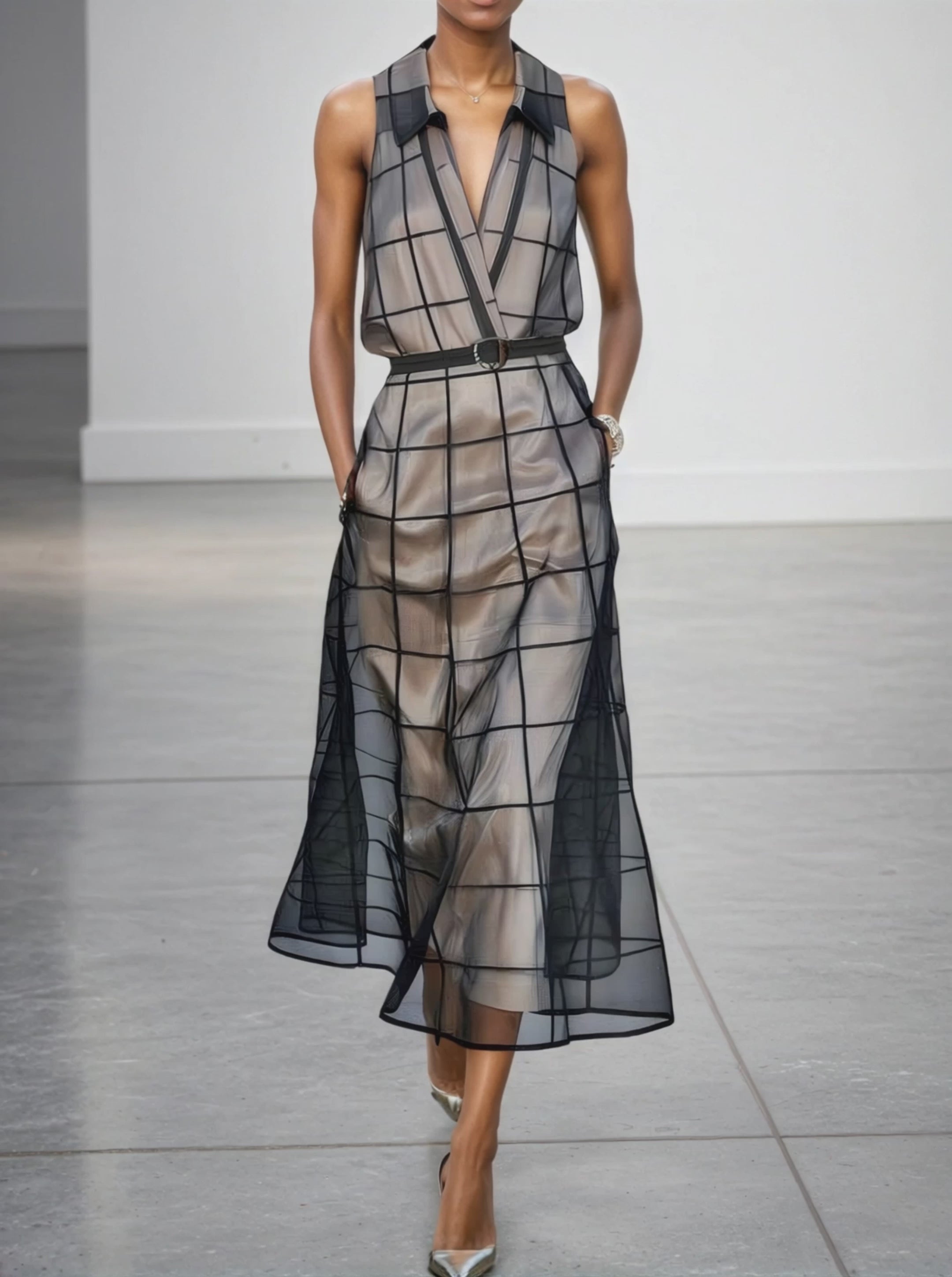 Women's Checkered Tulle Lapel Sleeveless Belted Maxi Dress MDA2372F1Y