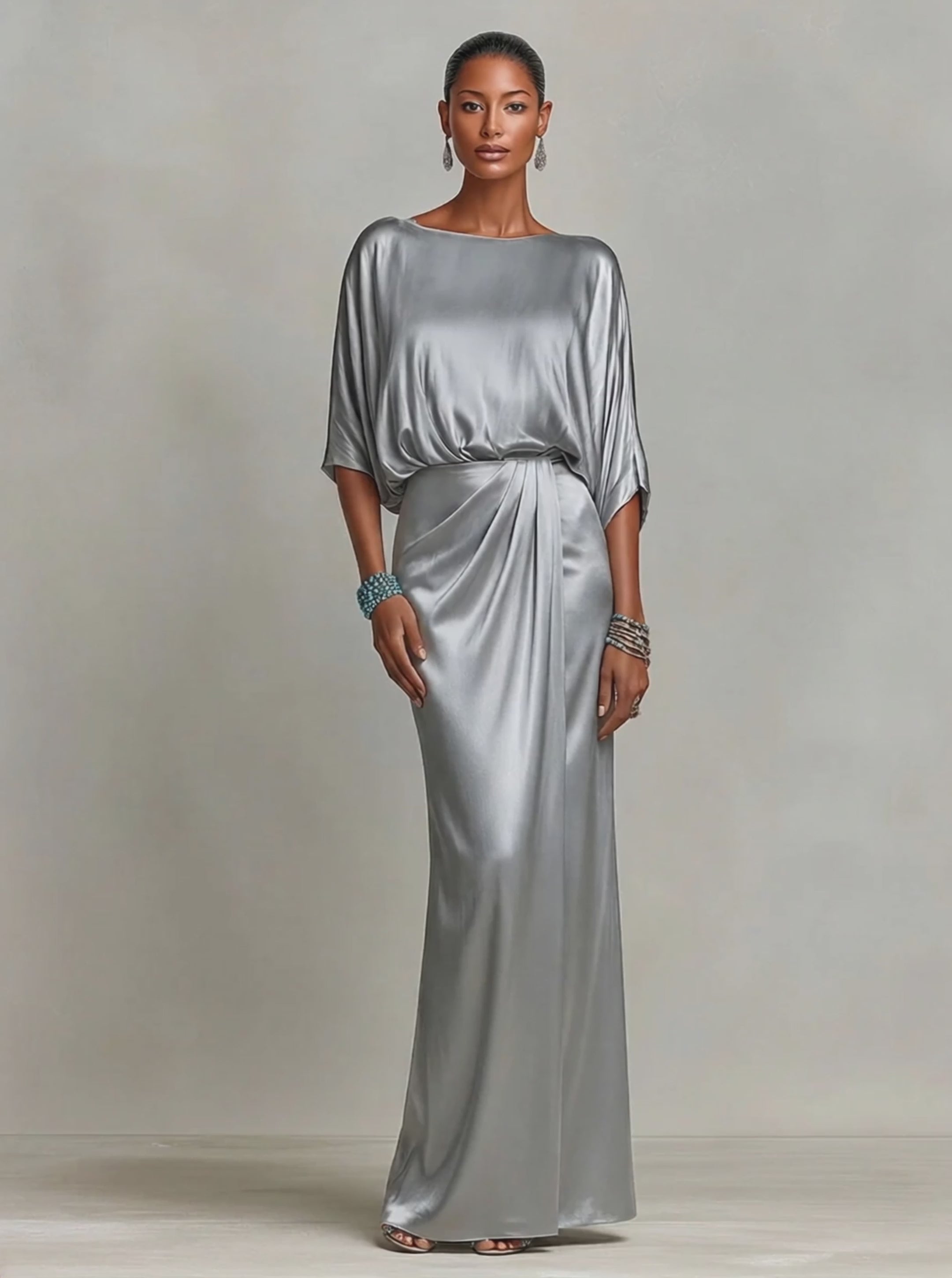 Women's Gray Satin Formal Co-Ord Set With Boat Neck Top & Wrap Draped Skirt, Modern Sophisticated Gala Outfit MDZ1363E9LYL
