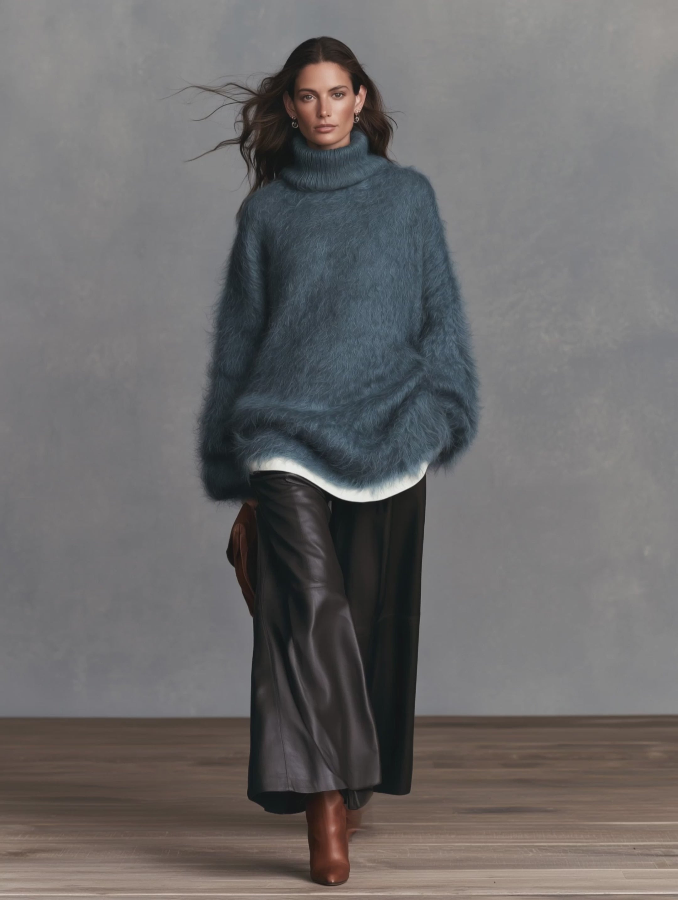 Women's Casual Blue Long-Sleeve Turtleneck Sweater In Long-Pile Knit