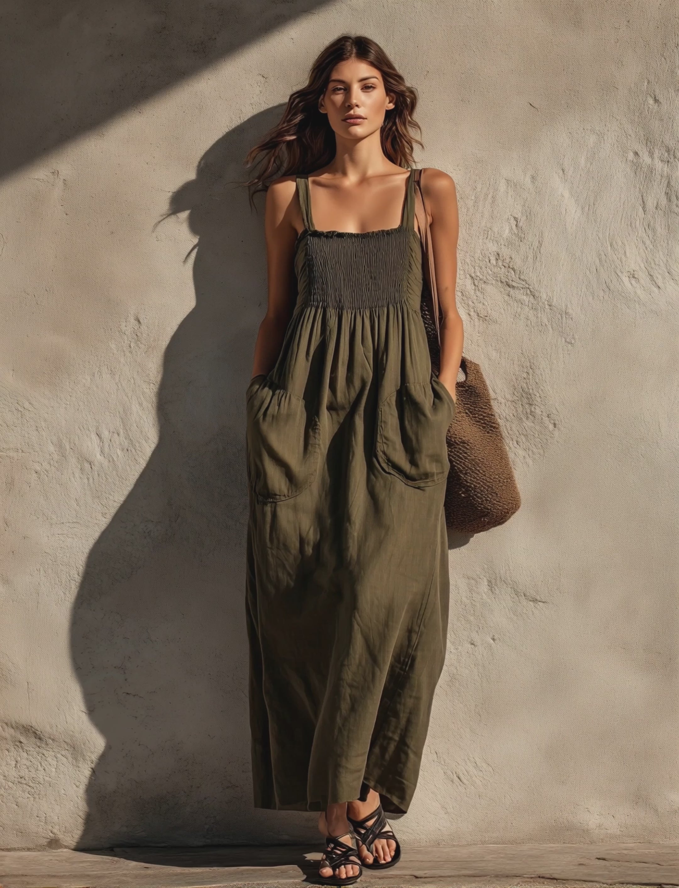 Women's Casual Olive Green Cotton-Linen Maxi Dress — Square Neck, Sleeveless MDZ2308D5LXY
