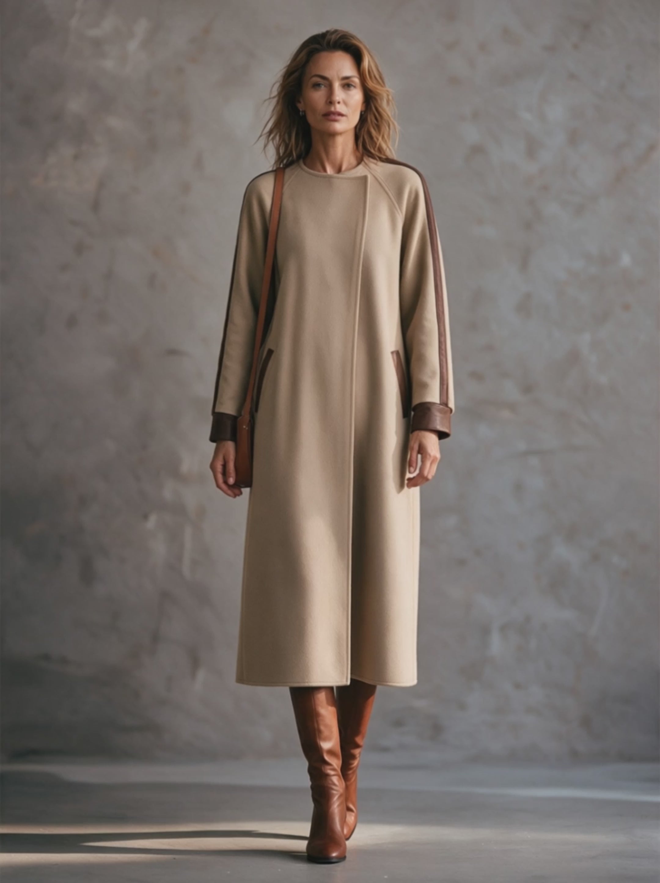Women's Camel Leather Trim Crew Neck Raglan Sleeve Midi Coat