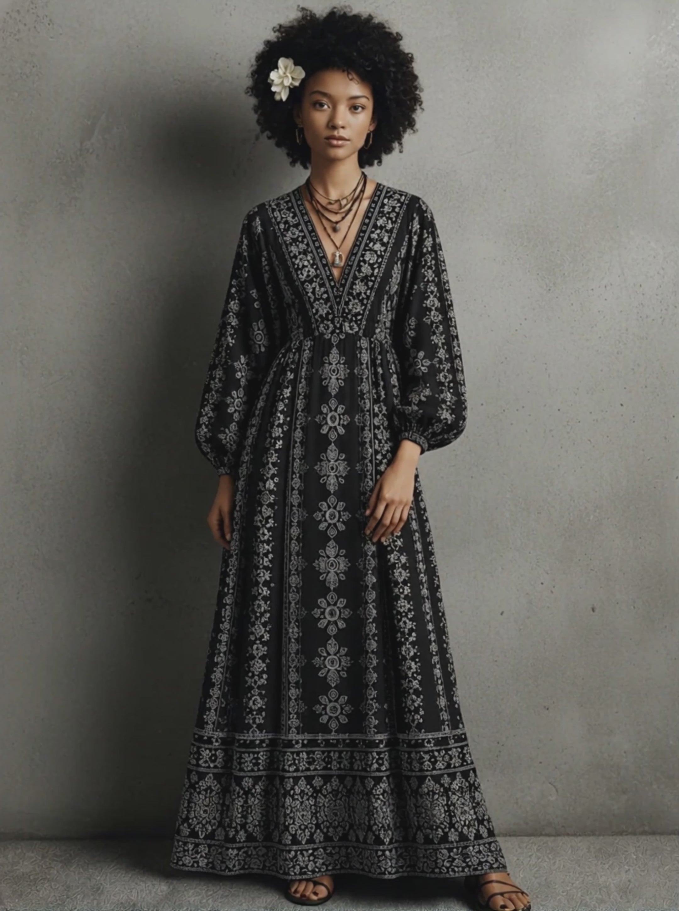 Women's Bohemian Style Black Cotton Blend Printed V-Neck Lantern Sleeve Long Dress MDZ1182E3GMJ