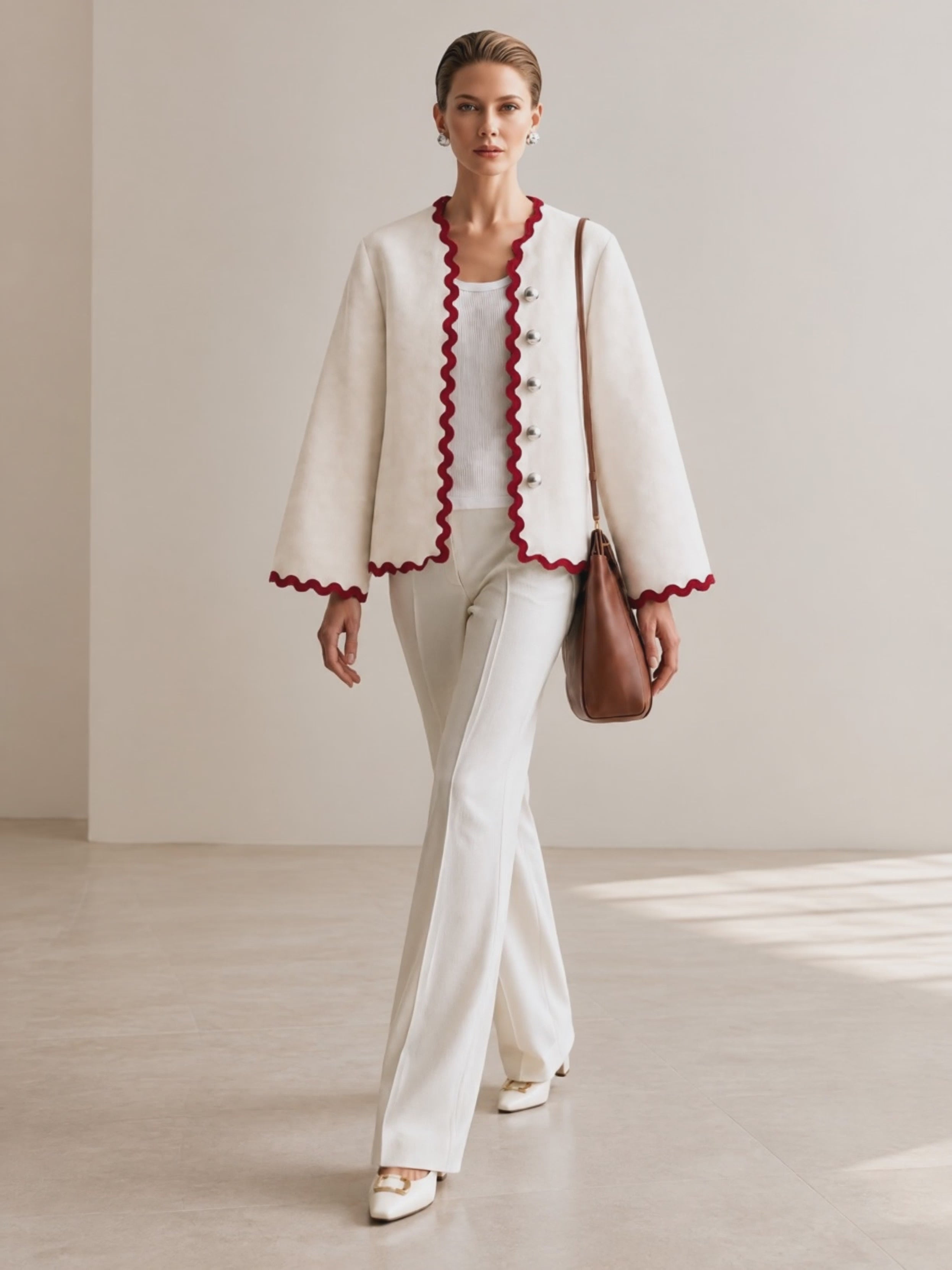 Women's Ivory Scalloped Trim Bell Sleeve Jacket With Contrast Wave Edge