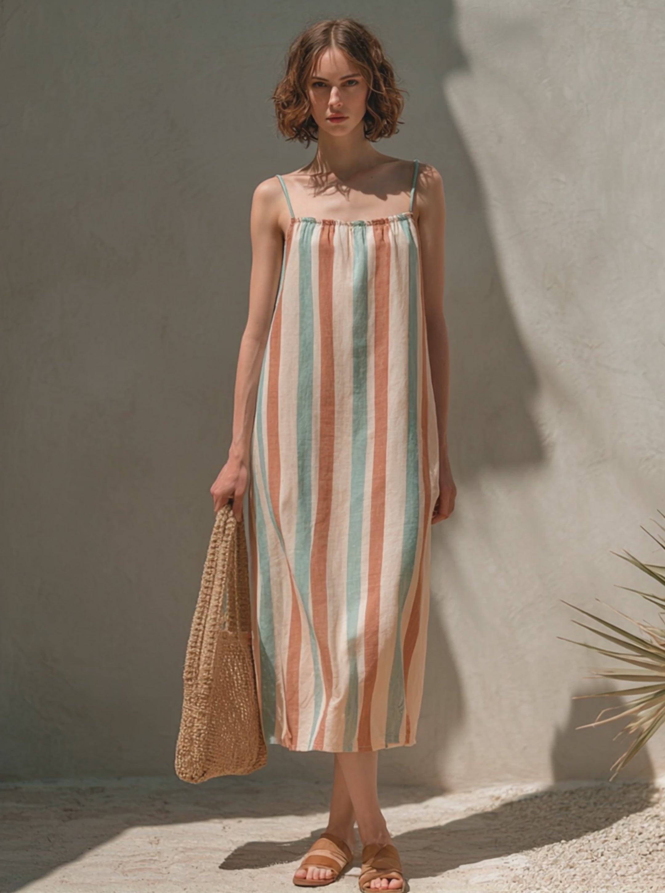 Women’s Minimalist Striped Spaghetti Strap Midi Dress MDZ0277F6ZRK