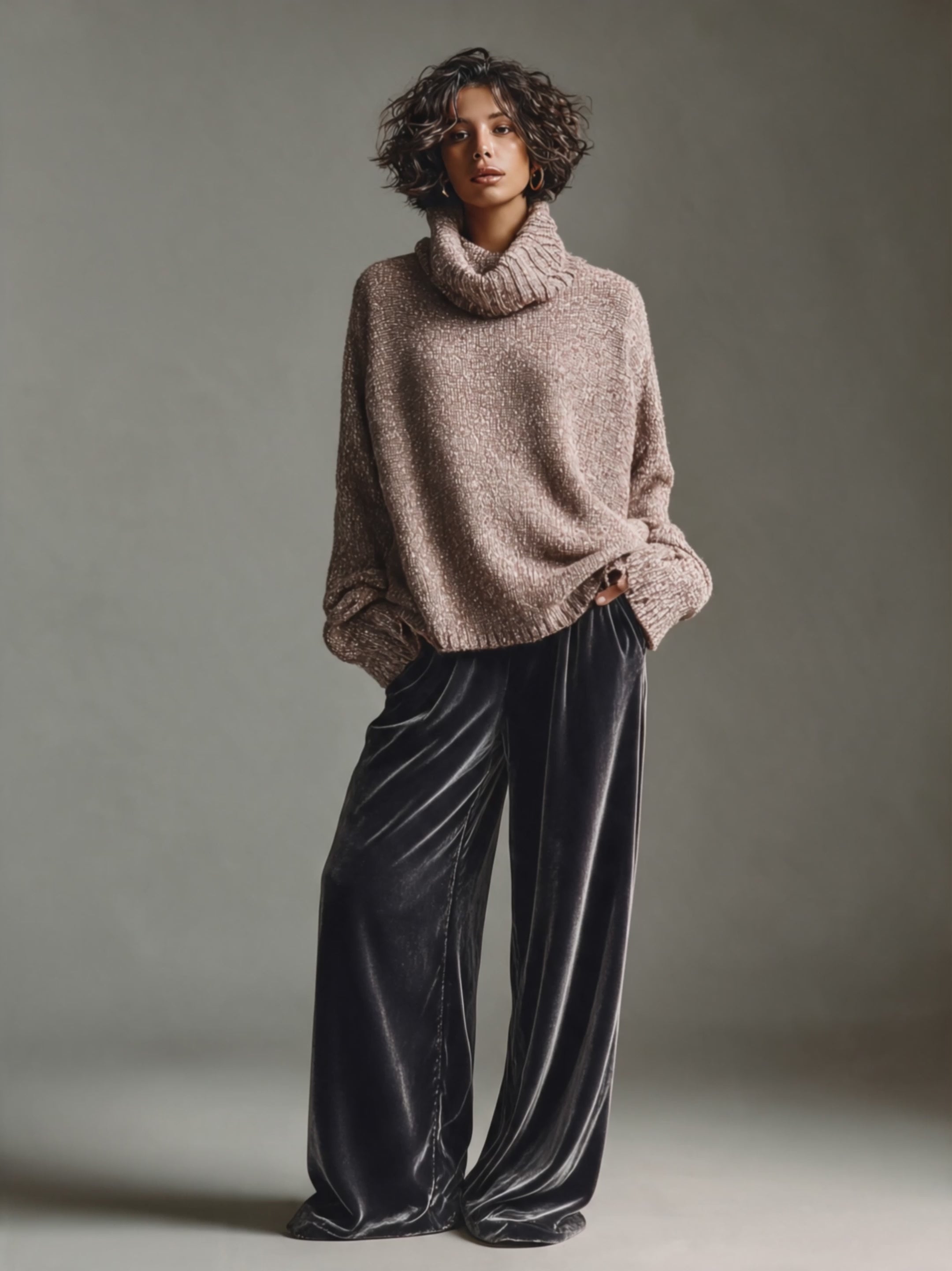 Women's Marled Knit Turtleneck & Velvet Wide Leg Pants Two-Piece Set