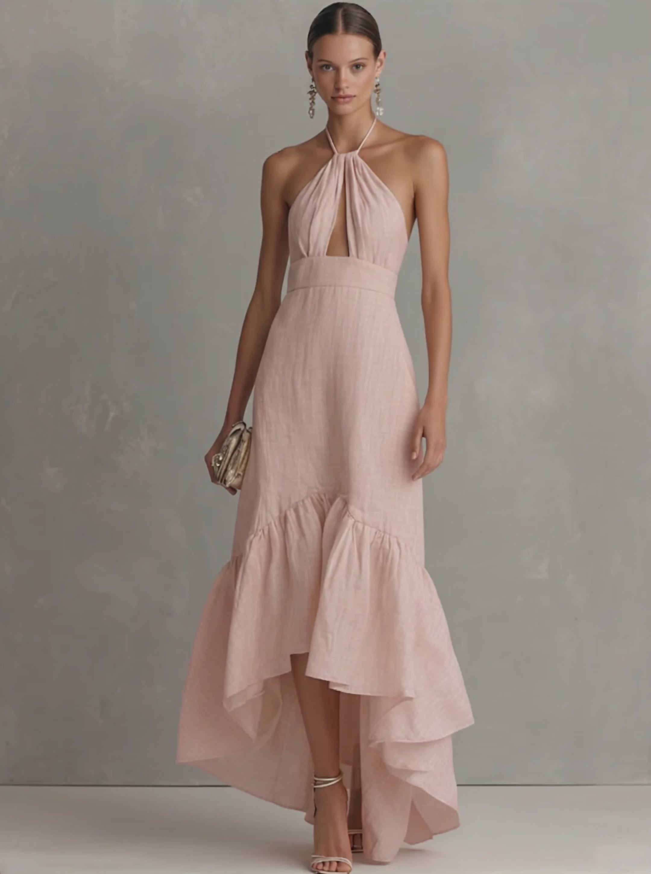 Women's Elegant Pink Cotton-Linen Halter Maxi Dress With Front Cutout   Modesees