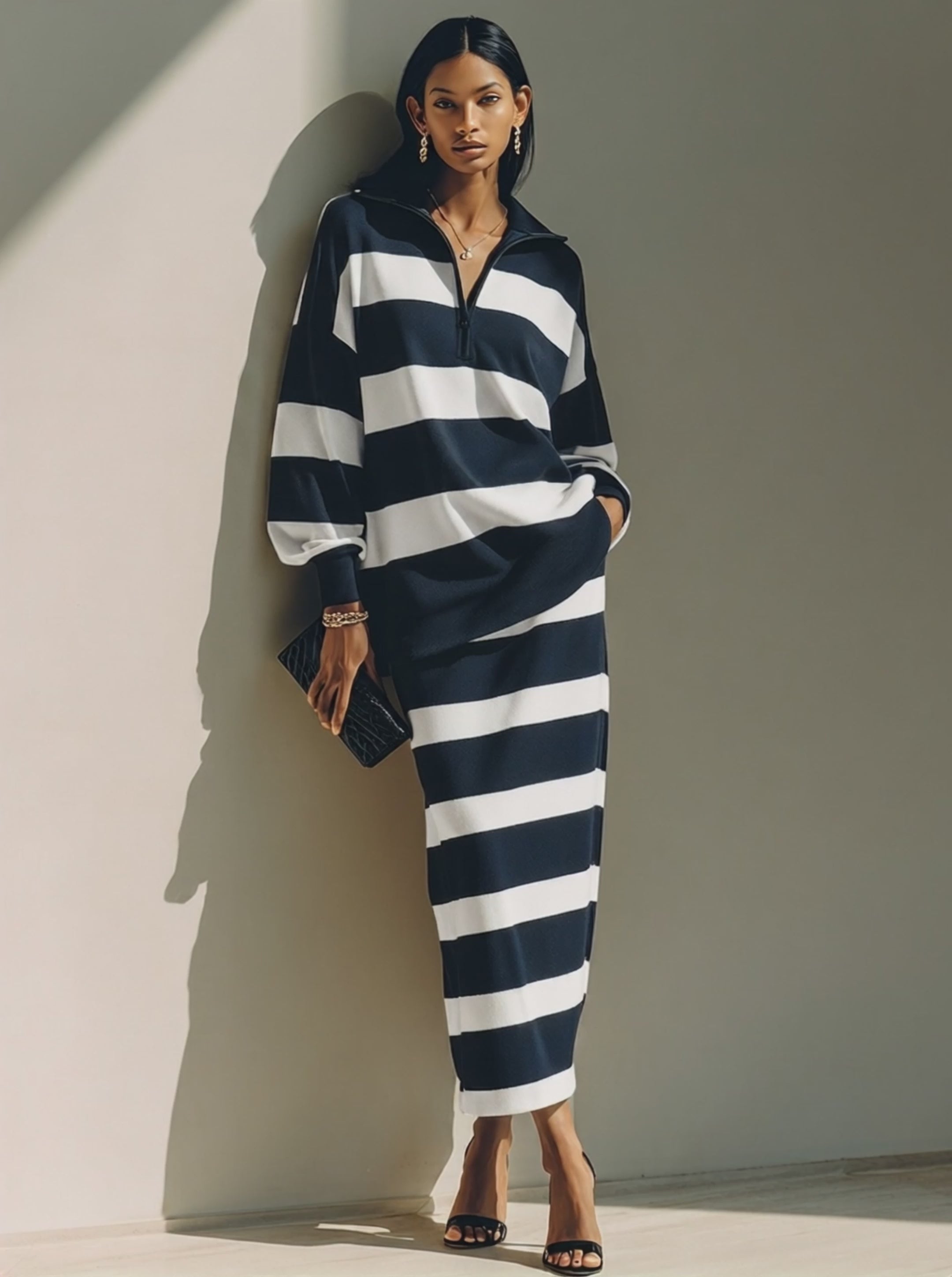 Women's Color-Block Striped Cotton-Blend Half-Zip Top & Midi Skirt Two-Piece Set MDZ2903G5ZRK