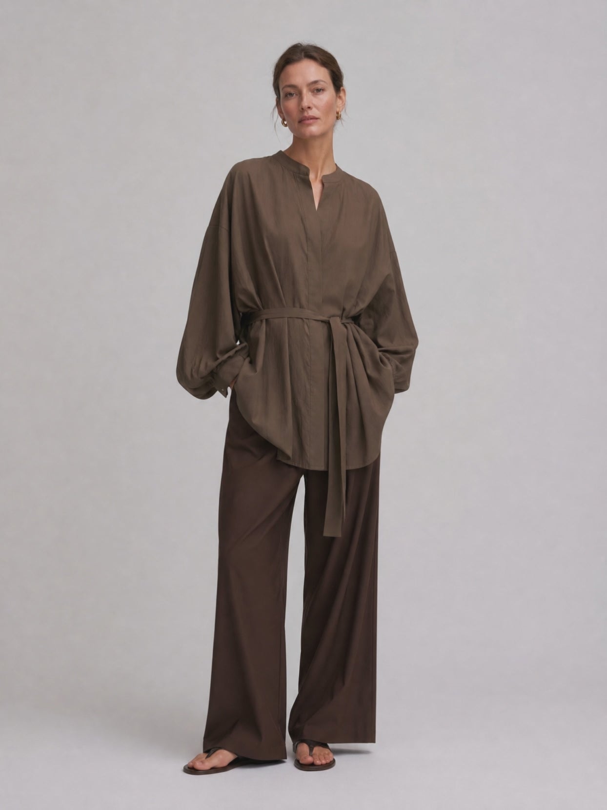 Women's Long Sleeve Oversized Tie Waist Brown Tunic MDZ1827H9YZJ