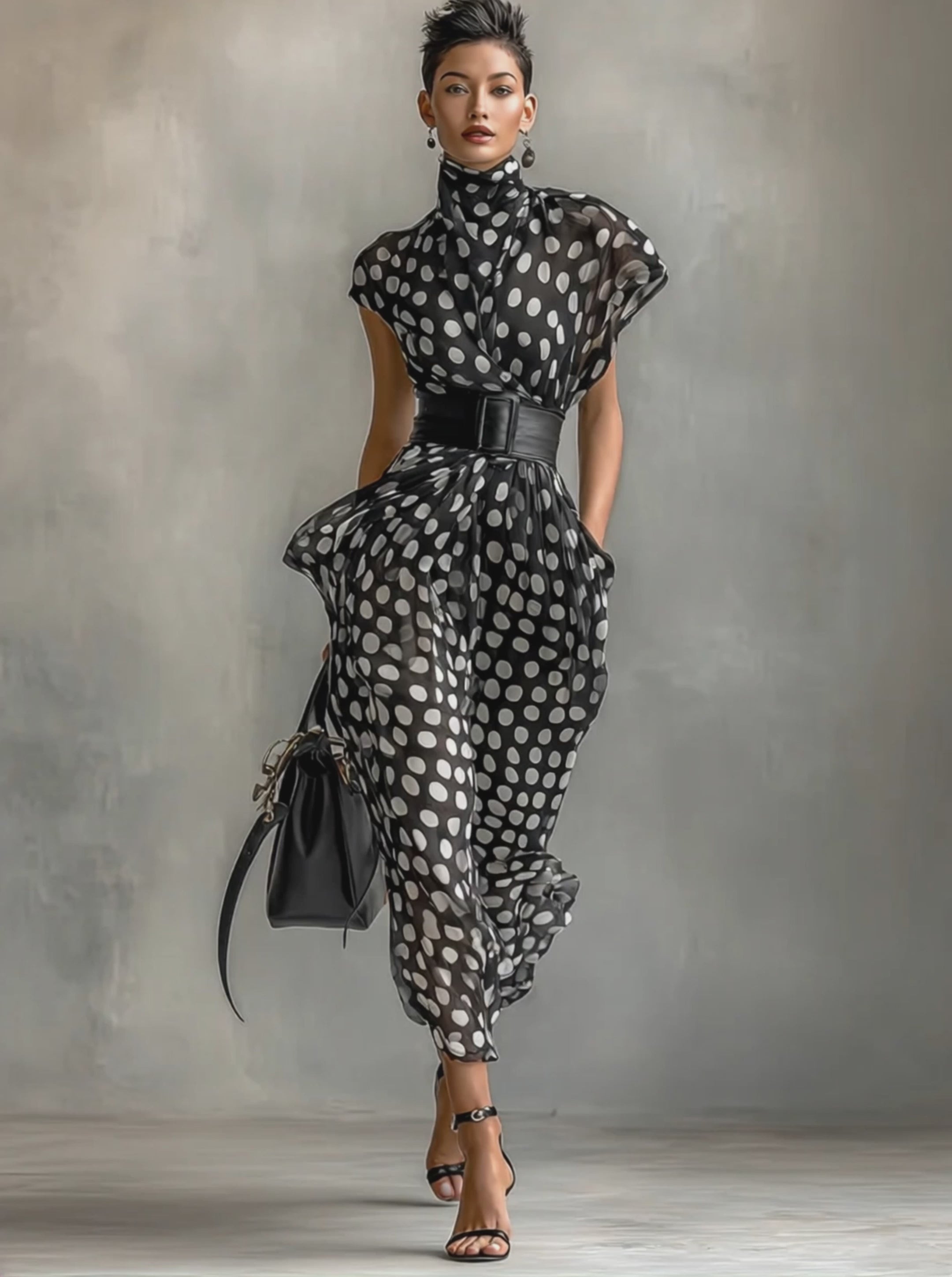 Women's Chiffon Polka Dot Print High Collar Cap Sleeve Belt Maxi Dress MDA1106G4Y