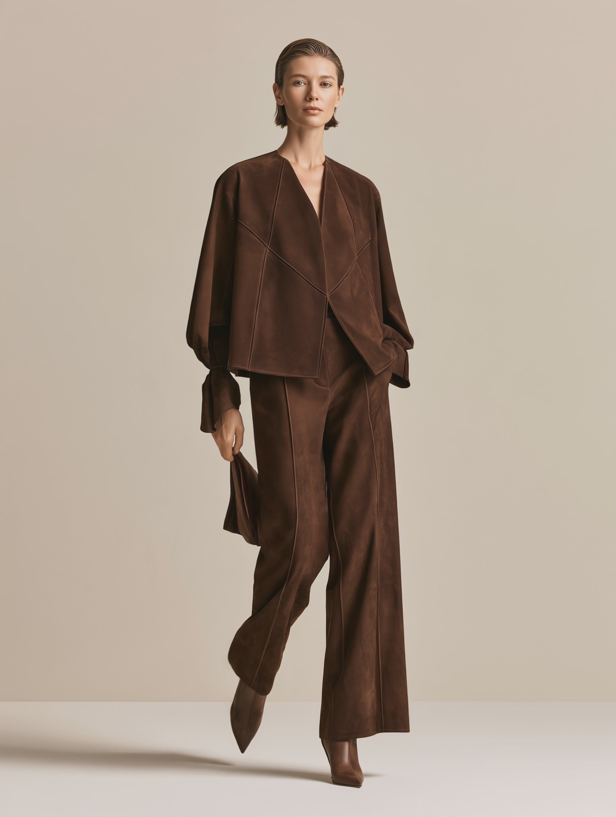 Women's Brown Wrap Top And Pants Set