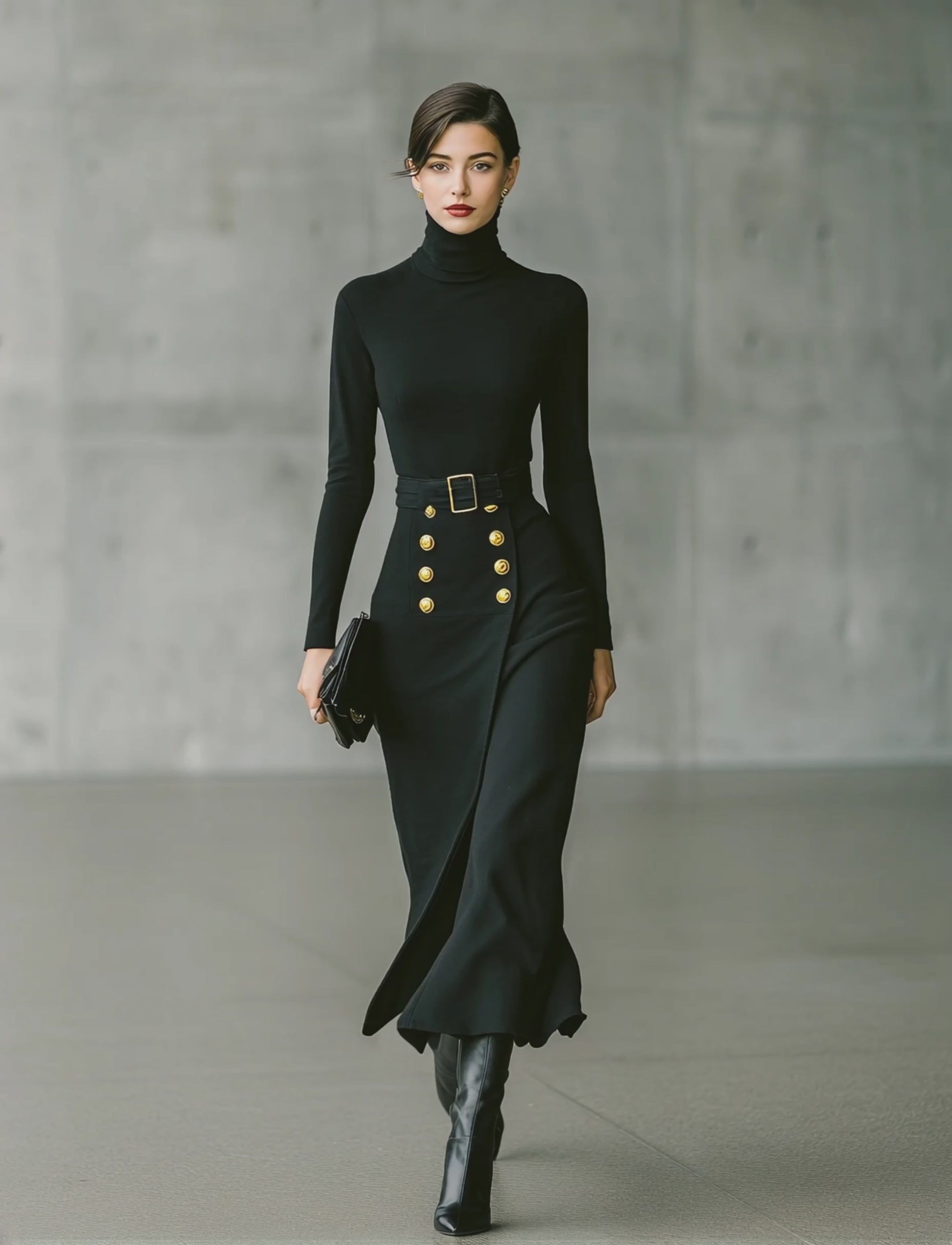 Women's Black High-Stretch Knit Top And Long Skirt Set MDA2811J7T