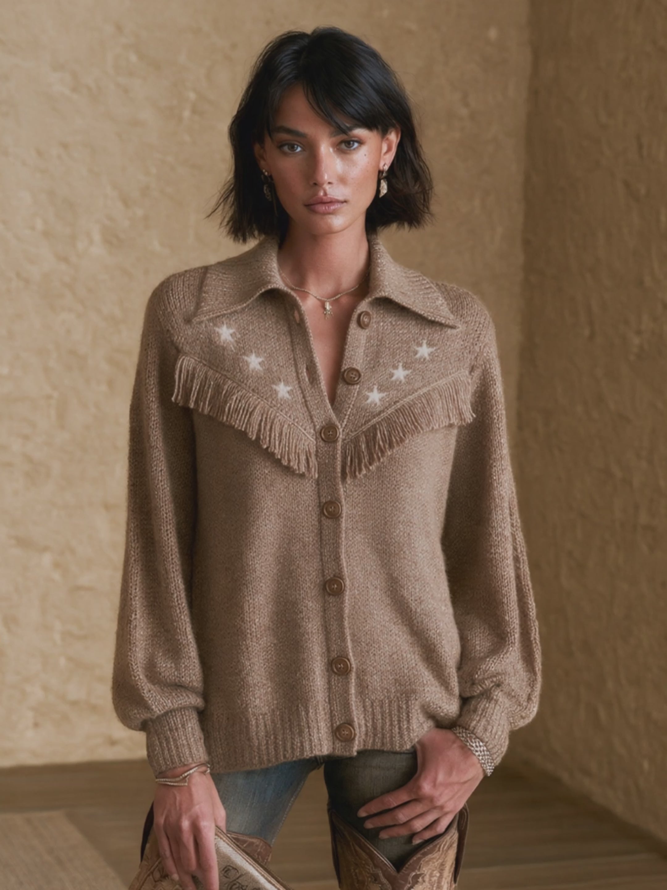 Women's Fringe Casual Collared Knit Cardigan