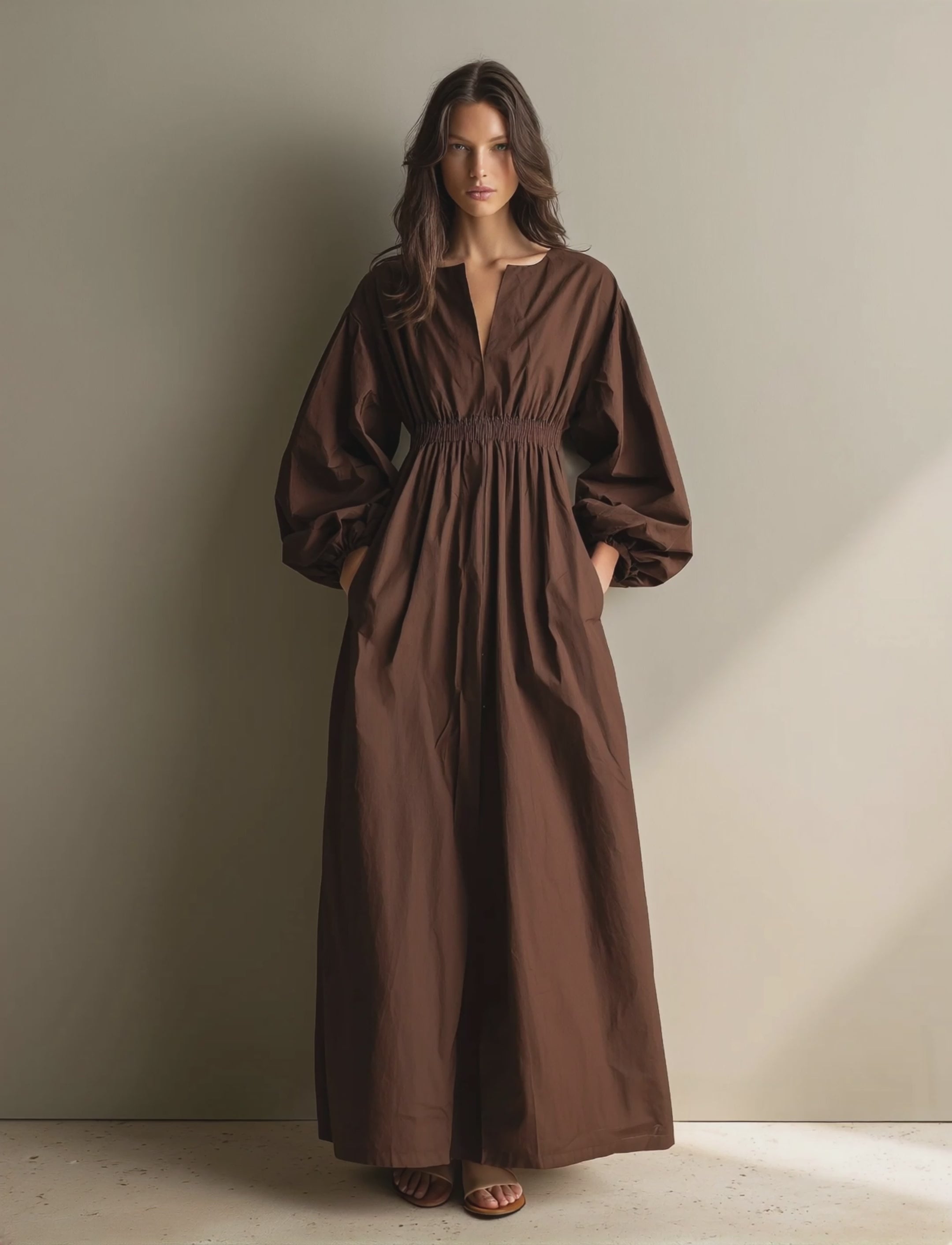 Women's Casual Brown Cotton And Linen V-neck Long-sleeved Maxi Dress W – Modesees