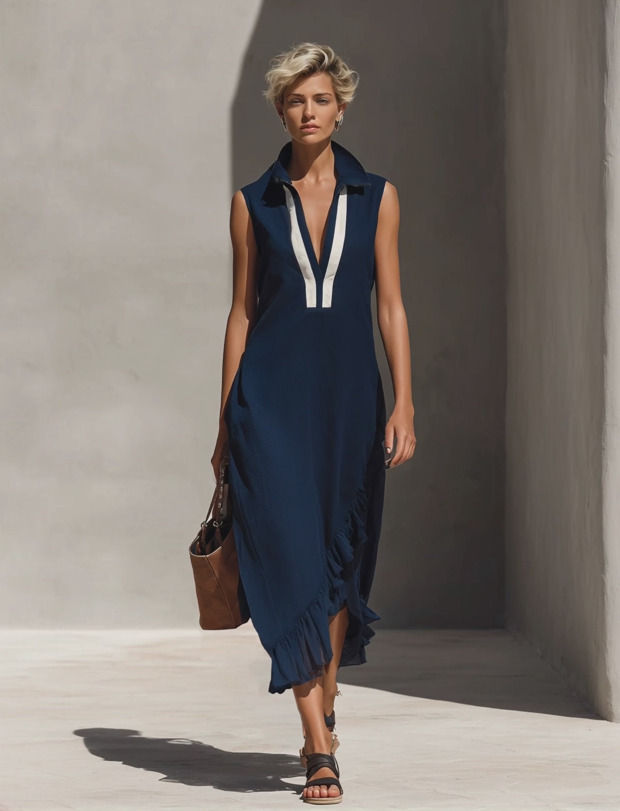 Women’s Navy Blue Sleeveless Maxi Dress With White Placket & Asymmetrical Ruffle Hem  MDZ1897E1T