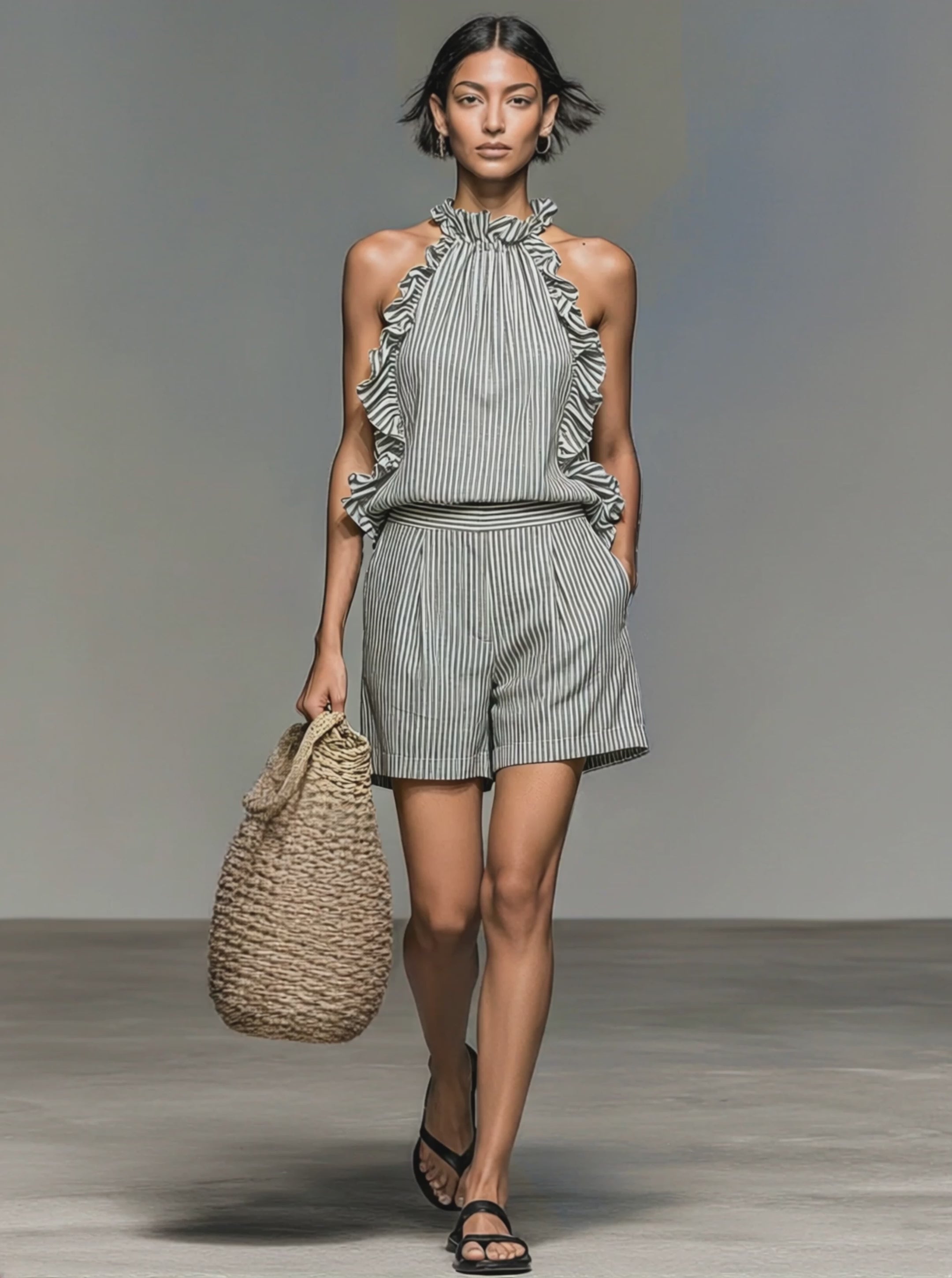 Women's Minimalist Striped Sleeveless Ruffled Blouse And Shorts Set MDZ2698B4Y