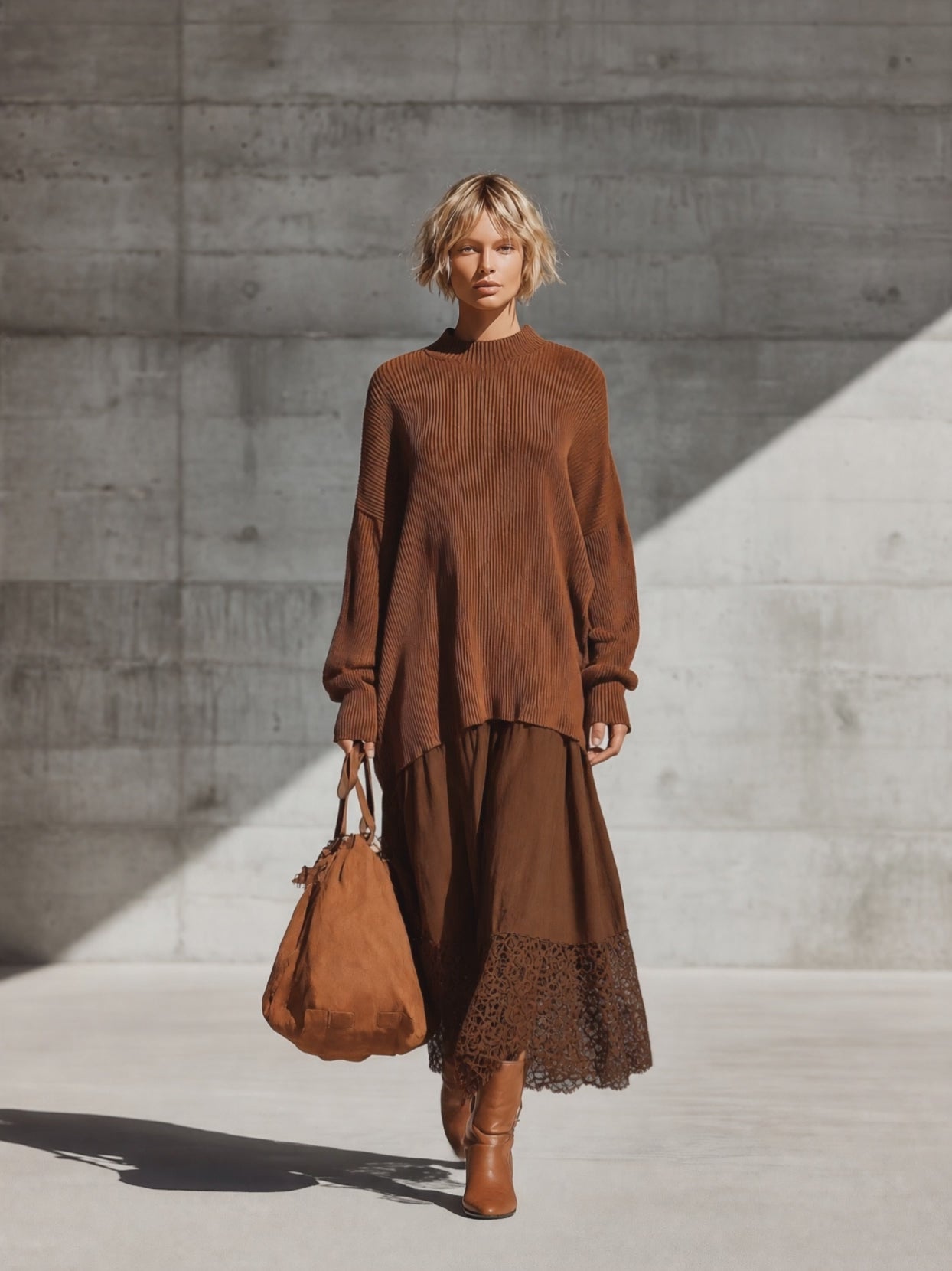 Women's Oversized Knit Brown Lace Hem Skirt Set MDZ0320I9YZJ