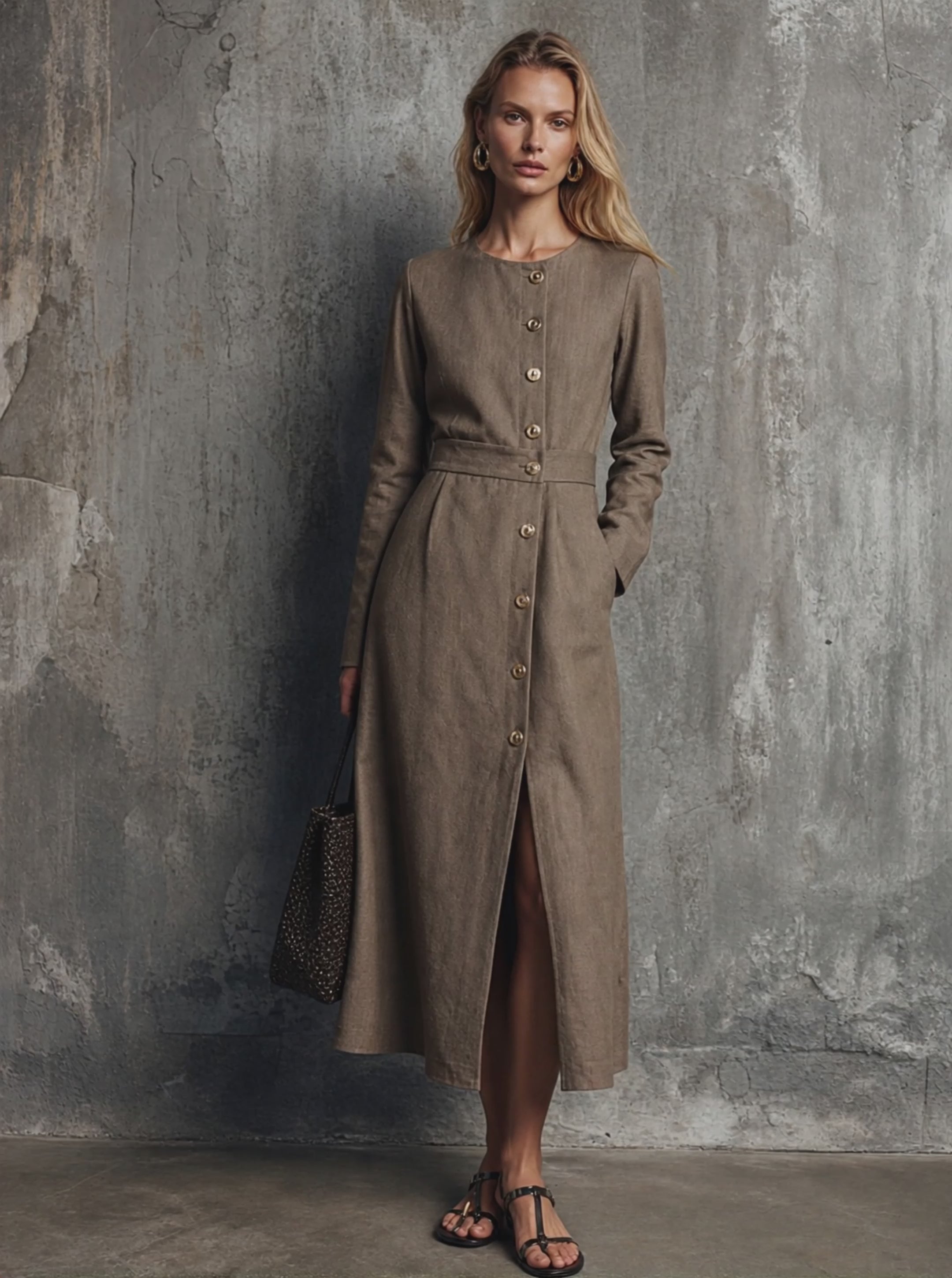 Women's Light Luxury Style Brown Cotton Linen Round Neck Long Sleeve Single-Breasted Slit Midi Dress MDZ0609G3GMJ