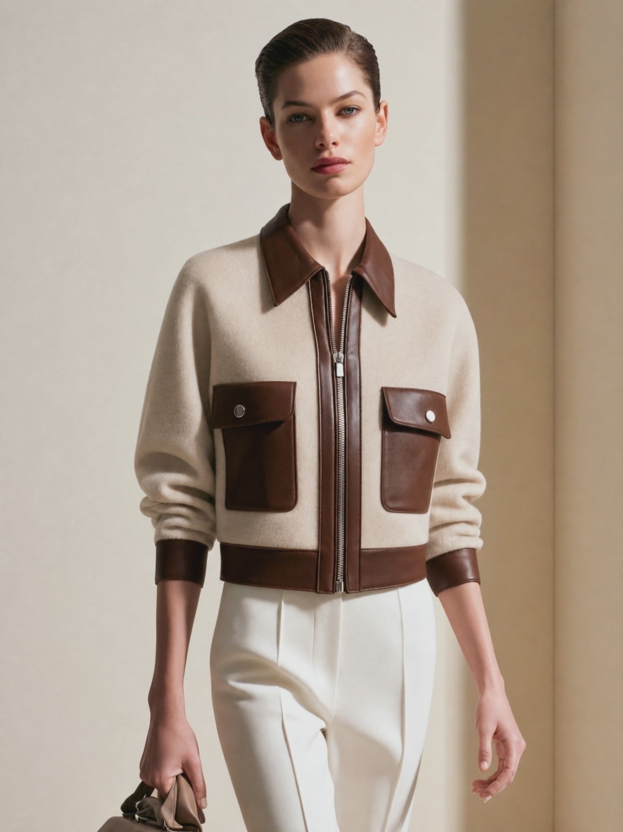 Women's Colorblock Beige Wool-Blend Jacket With Leather Contrast Trim