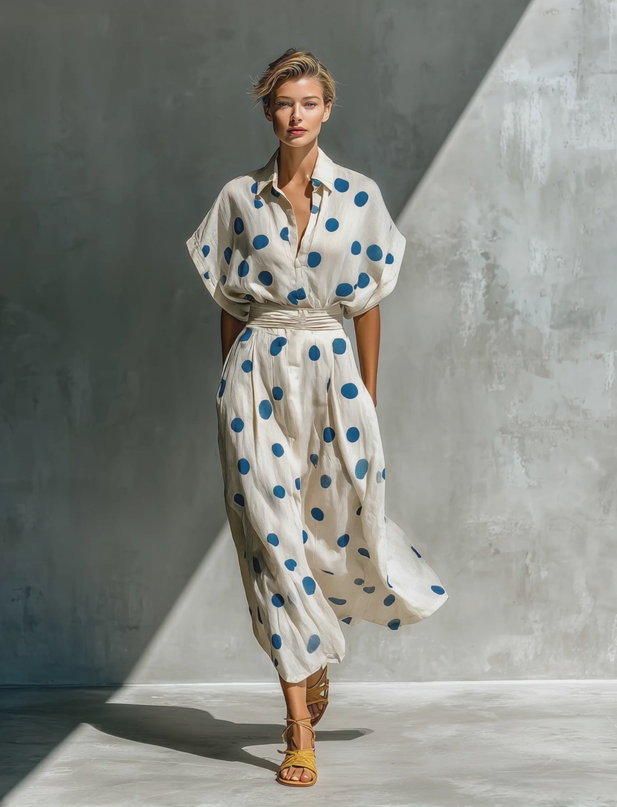 Women’s Off-White Linen-Blend Polka Dot Shirt Dress With Waist Cincher & Pockets MDZ2481D3T