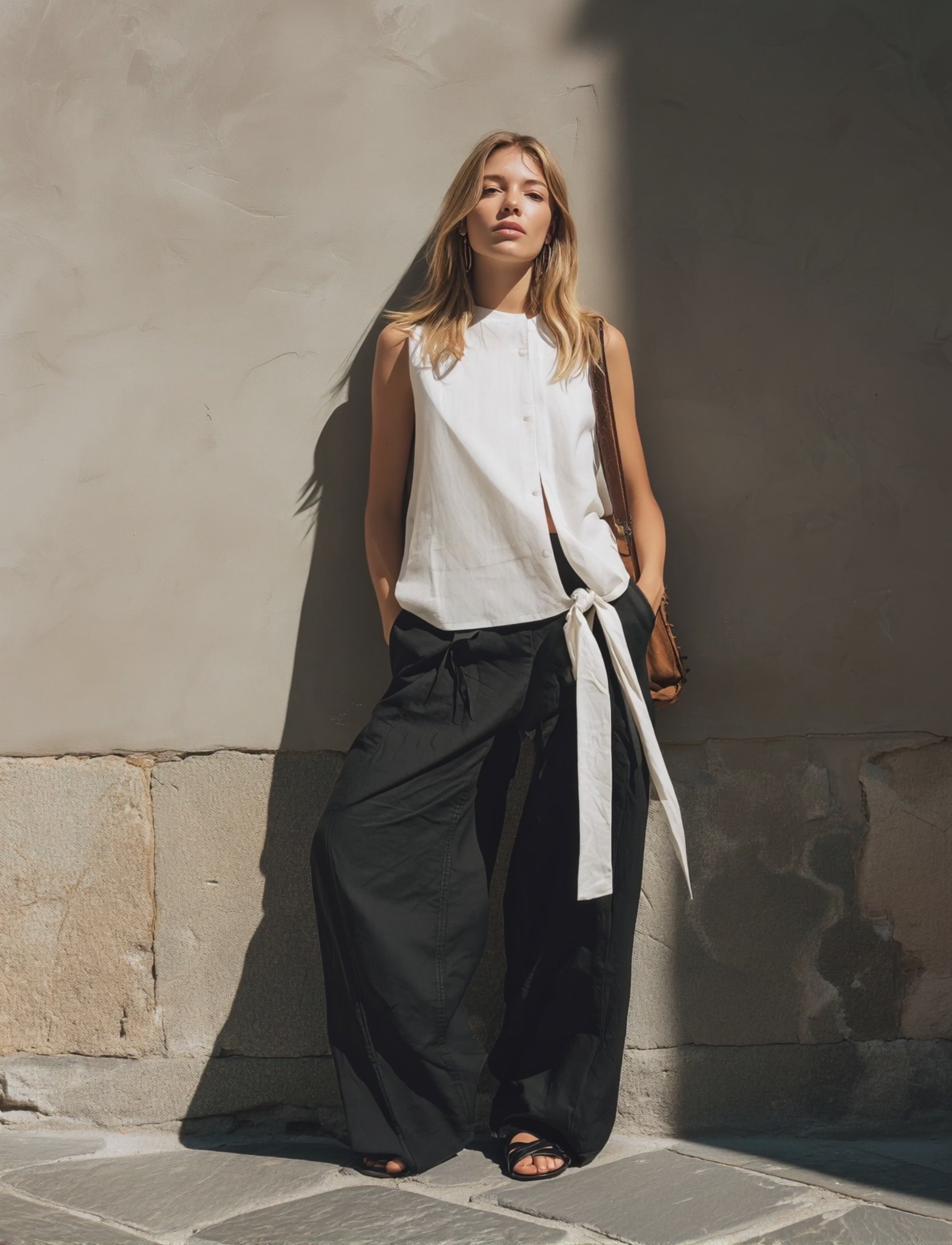 Women's Casual White Woven Sleeveless Top And Black Woven Trousers Set MDZ0451F3LXY
