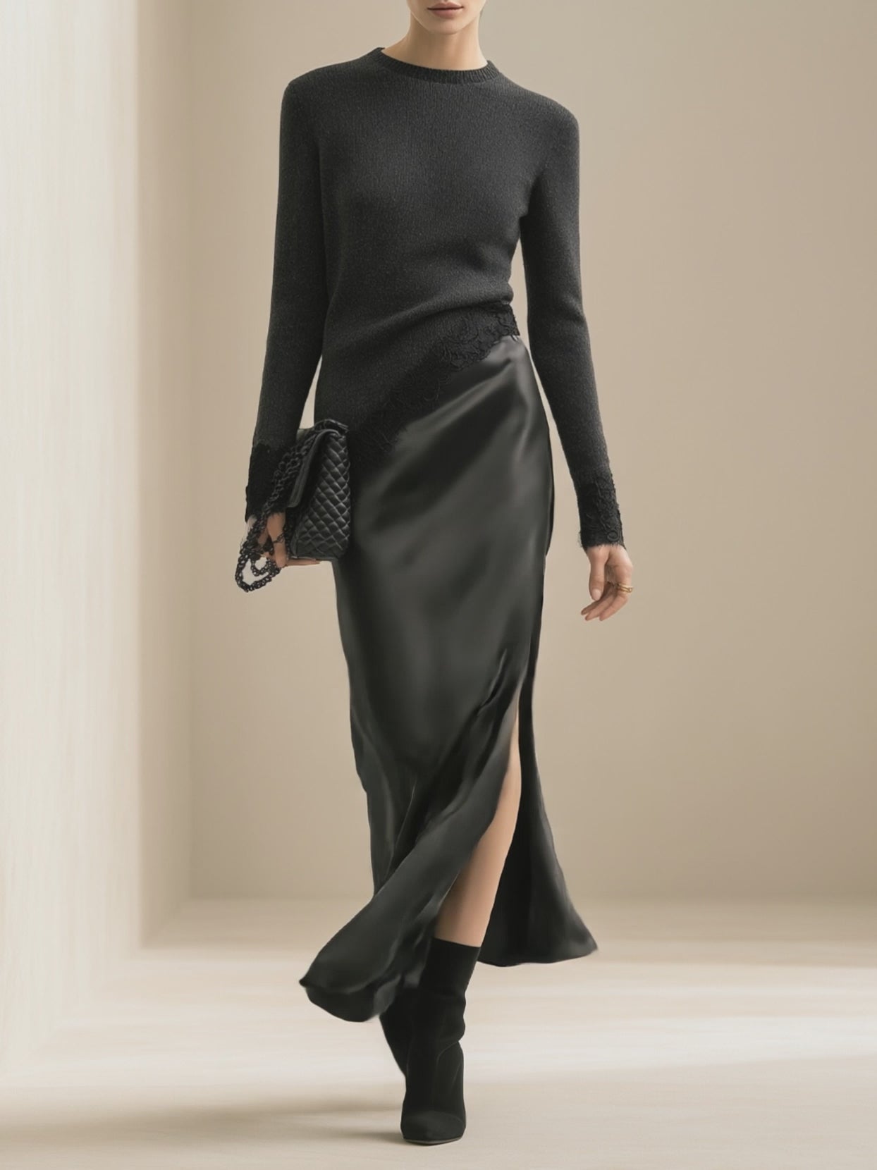 Women's Lace Trim Black Knit Satin Set