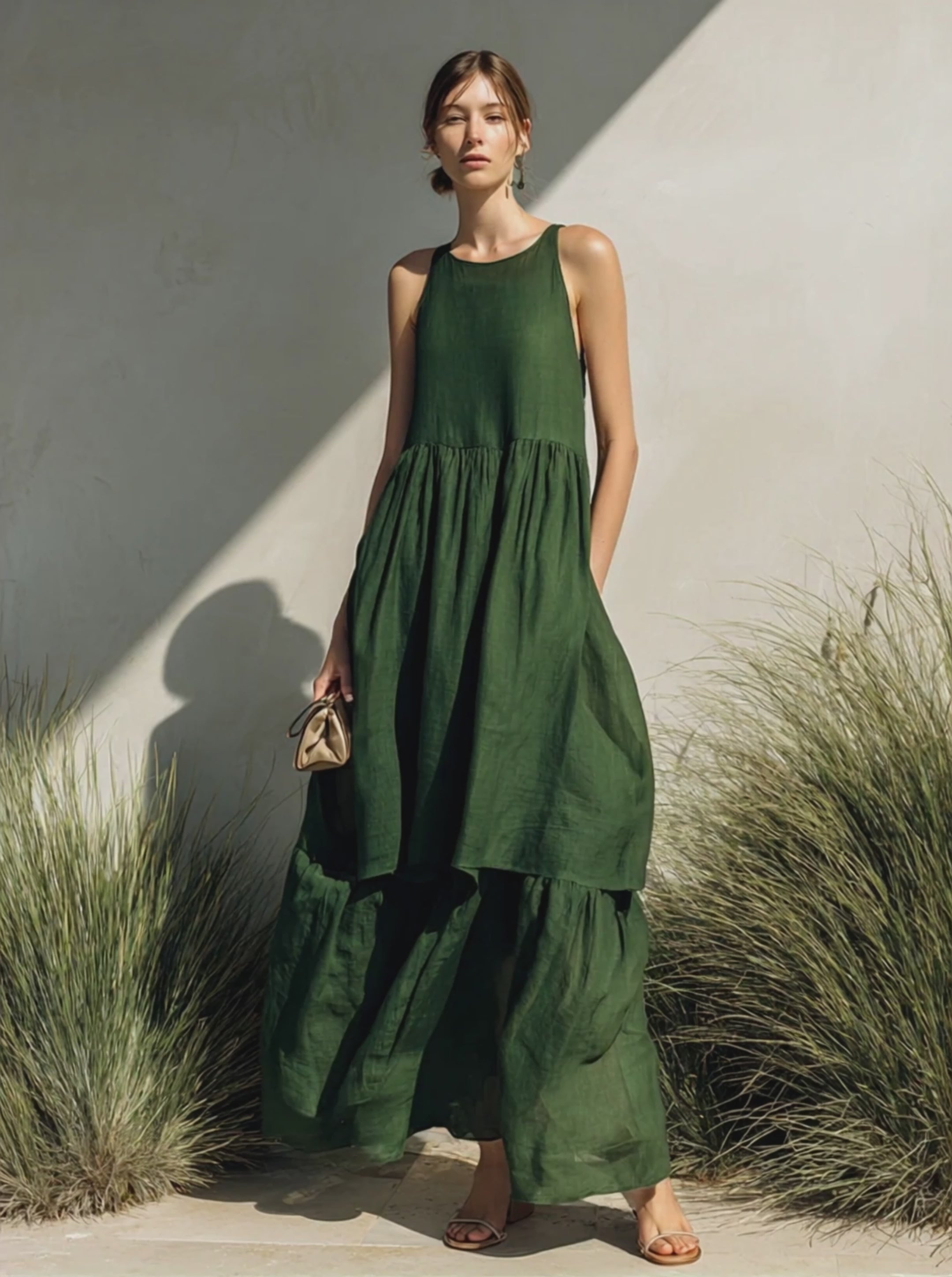 Women's Simple Linen-Blend Sleeveless Tiered Maxi Dress MDZ0994E6ZRK