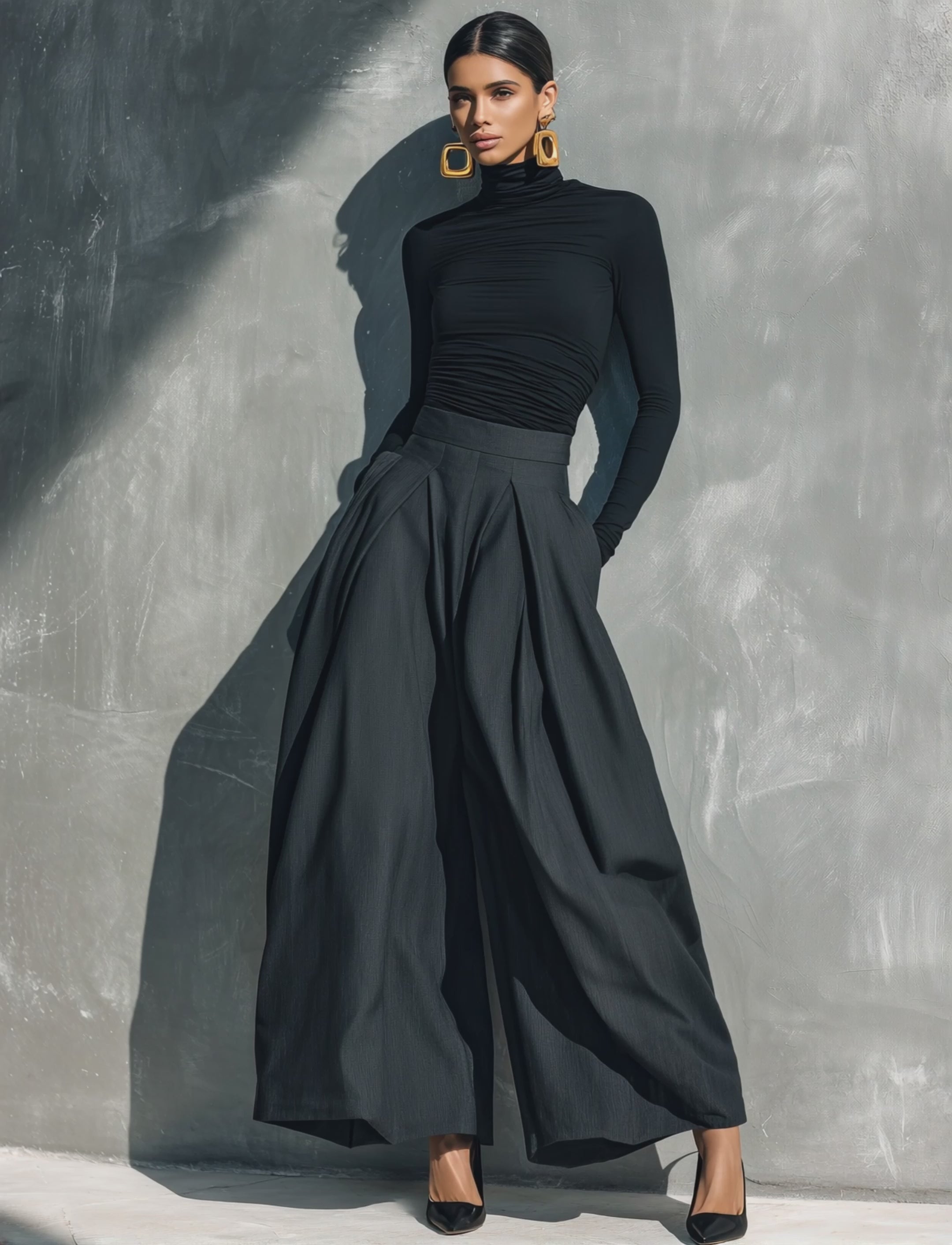 Women's Casual 2-Piece Set Black Stretch-knit Long-sleeve Top And Dark Gray Woven Wide-leg Trousers MDZ2470G8LXY