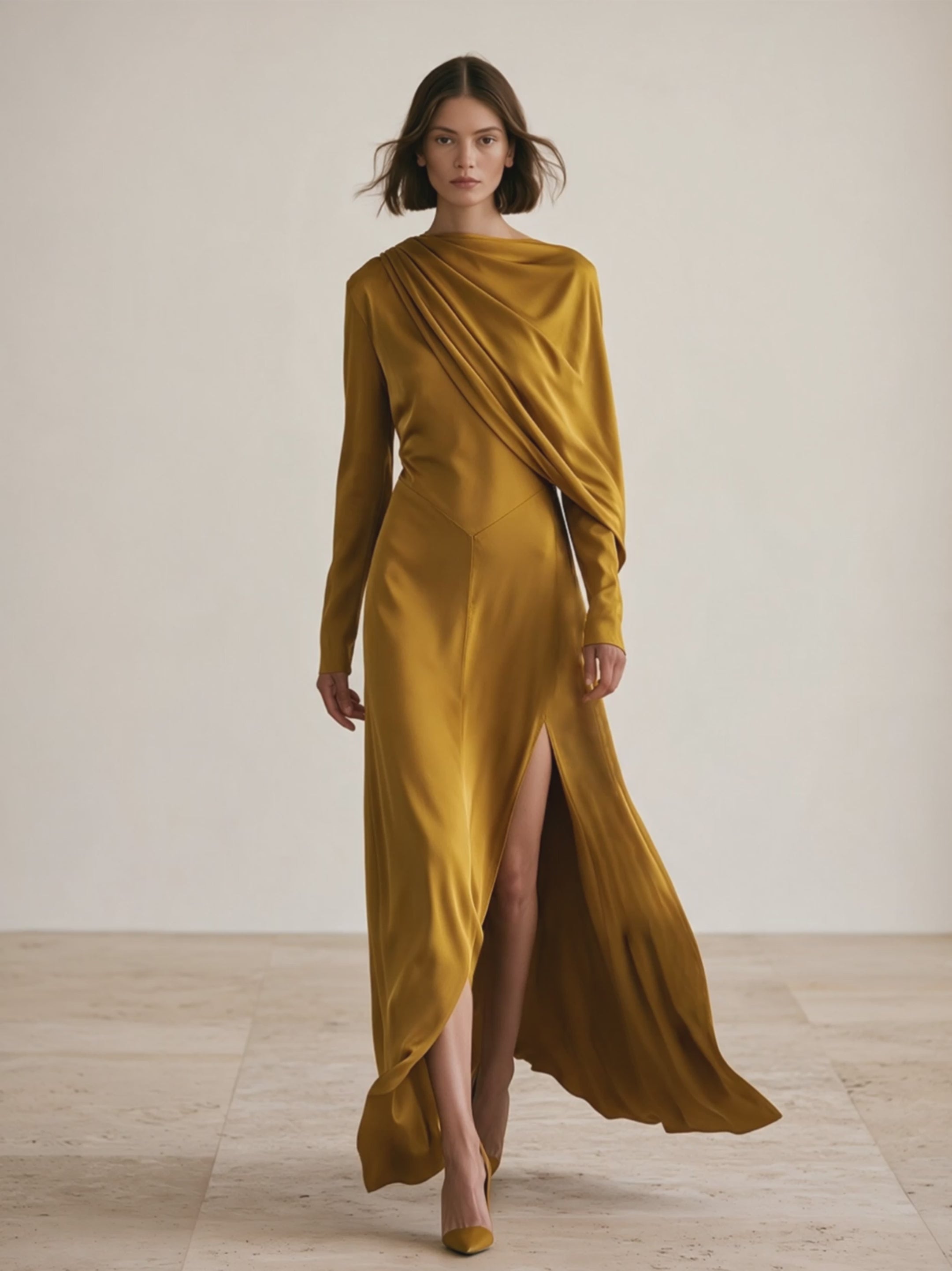 Women's Mustard Gold Satin-Look Long Sleeve Draped Maxi Dress With High Slit