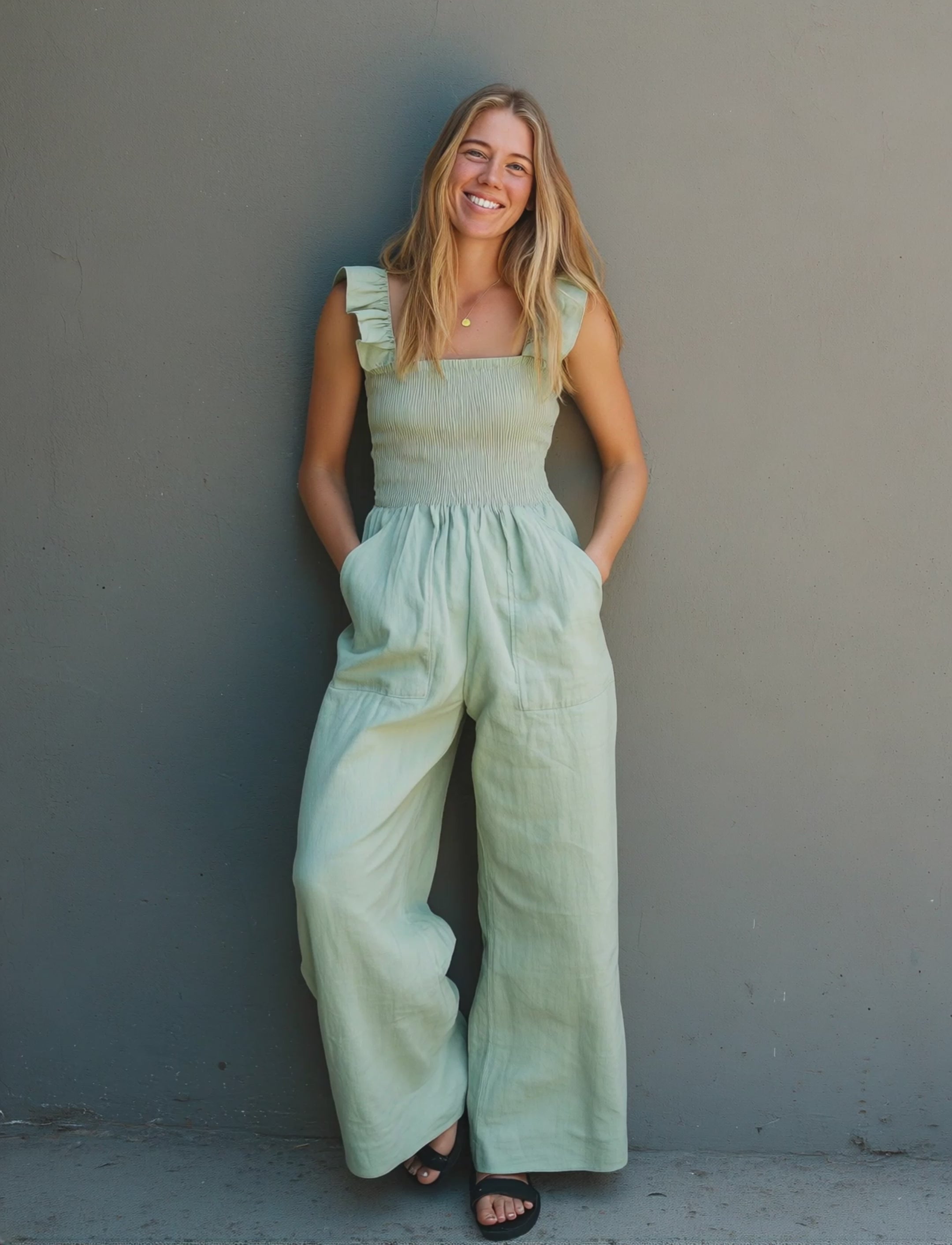 Women's Casual Mint Green Cotton-Linen Jumpsuit — Ruffled, Spaghetti Strap, Sleeveless, Full-Length MDZ1535E7LXY