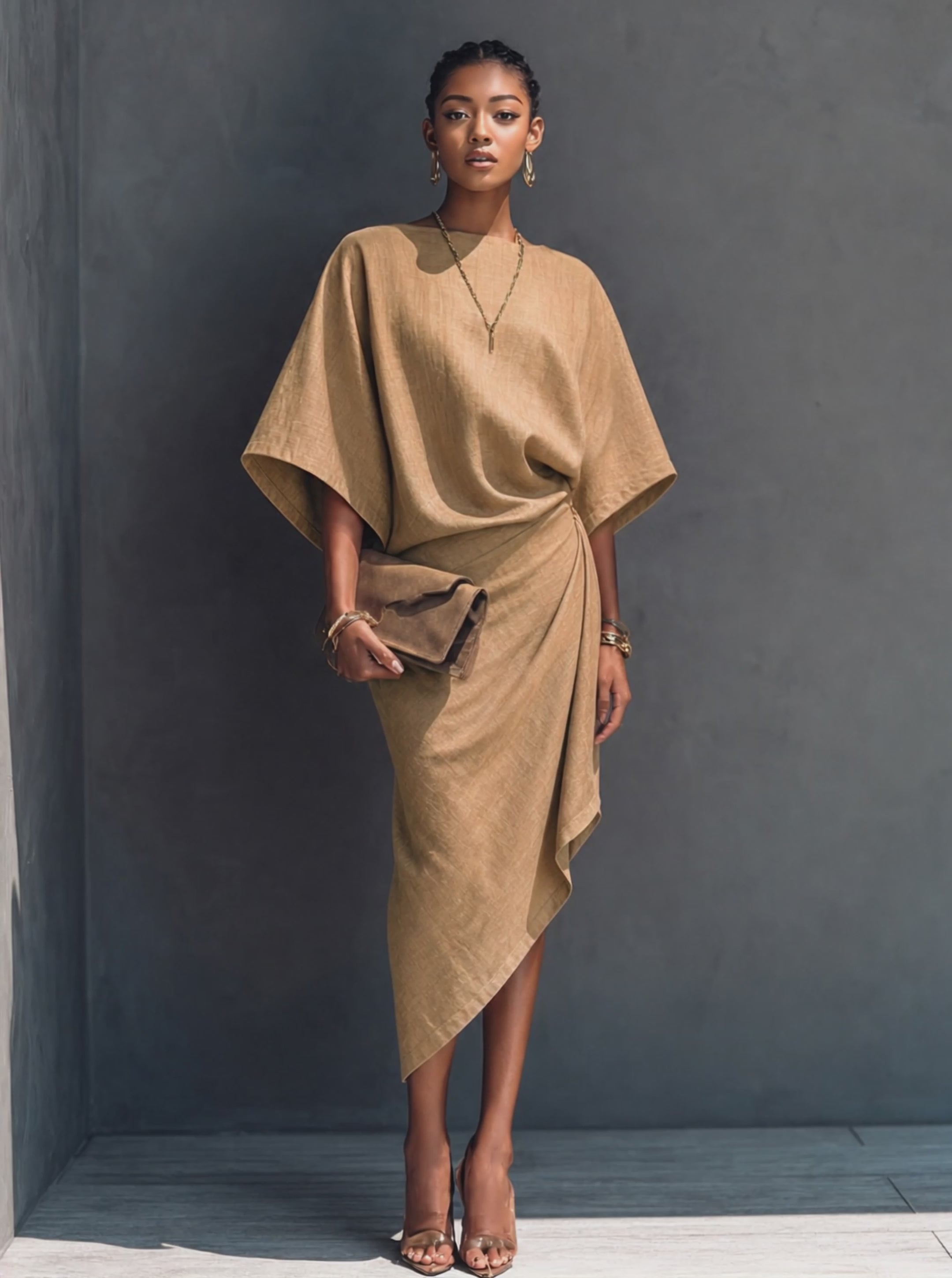 Women's Modern Minimalist Khaki Linen Blend Draped Asymmetric Short Sleeve Midi Dress MDZ0344G8GMJ