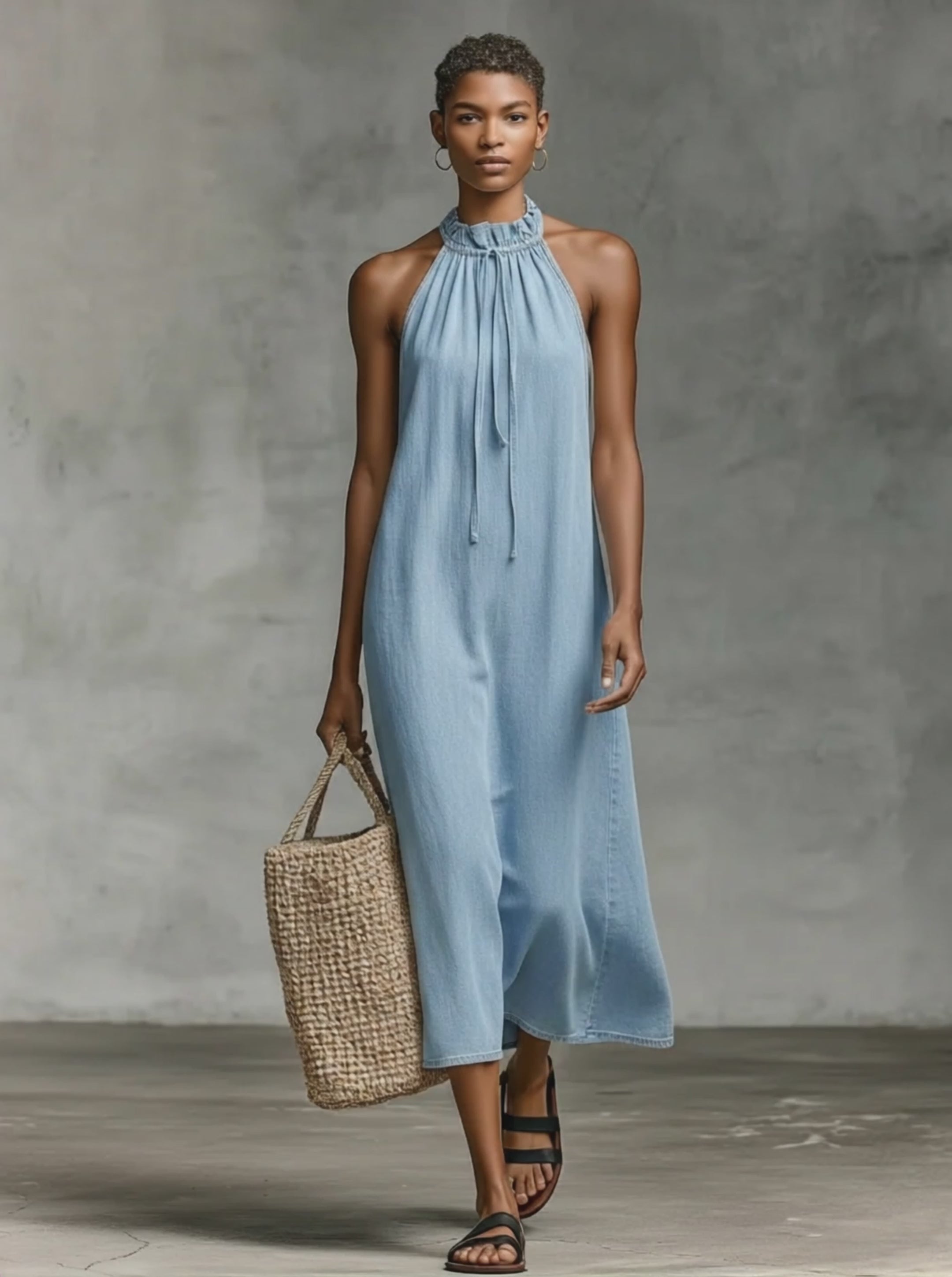 Women's Minimalist Loose-Fit Washed Denim Sleeveless Midi Dress MDZ1570E2Y