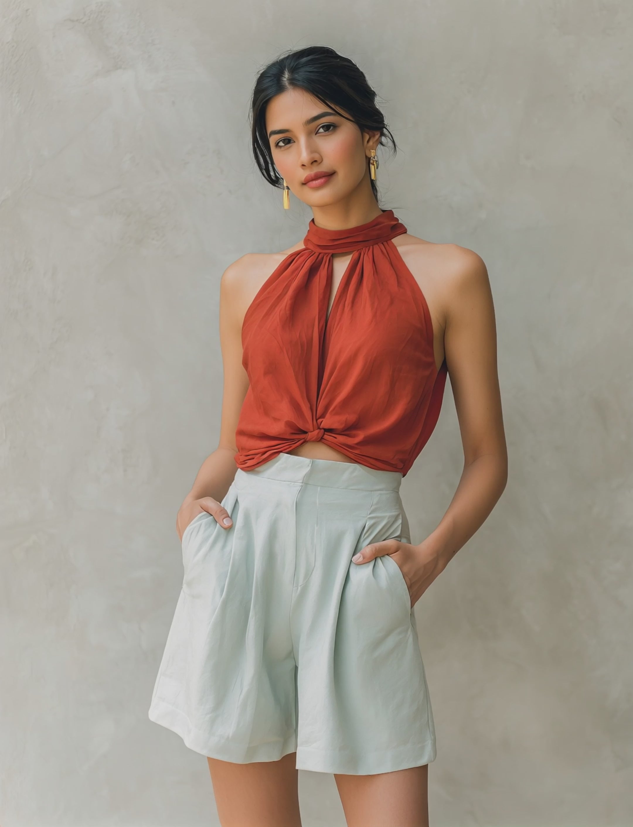 Women’s Rust Halter Neck Knotted Crop Top & Light Sage Pleated Shorts Two-Piece Set MDZ0163F9T