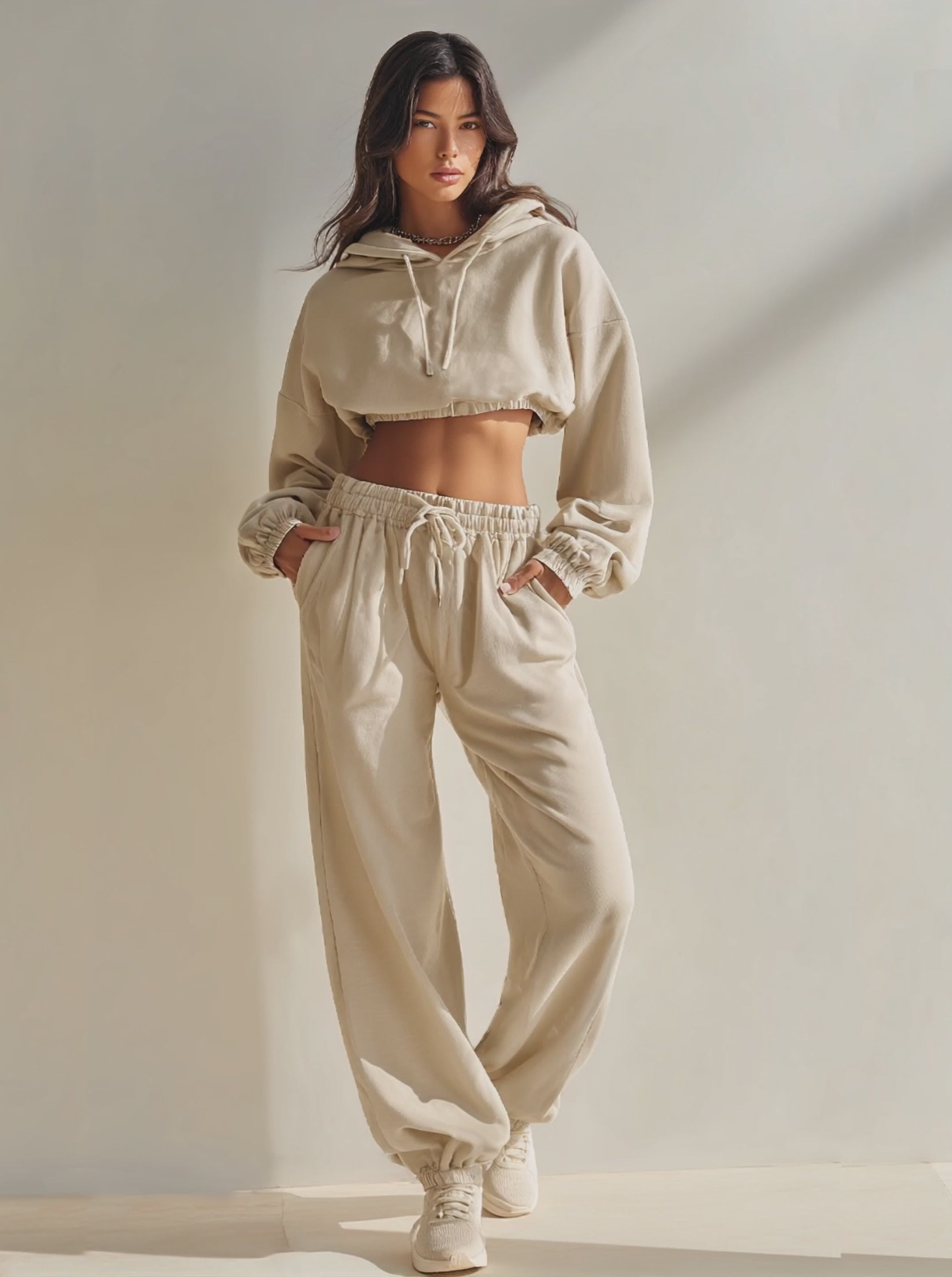 Women's Oatmeal Cotton-Blend Co-Ord With Oversized Crop Hooded Top & High Waist Pocket Sweatpants, Modern Effortless-Chic Athleisure Outfit MDZ2439F0LYL