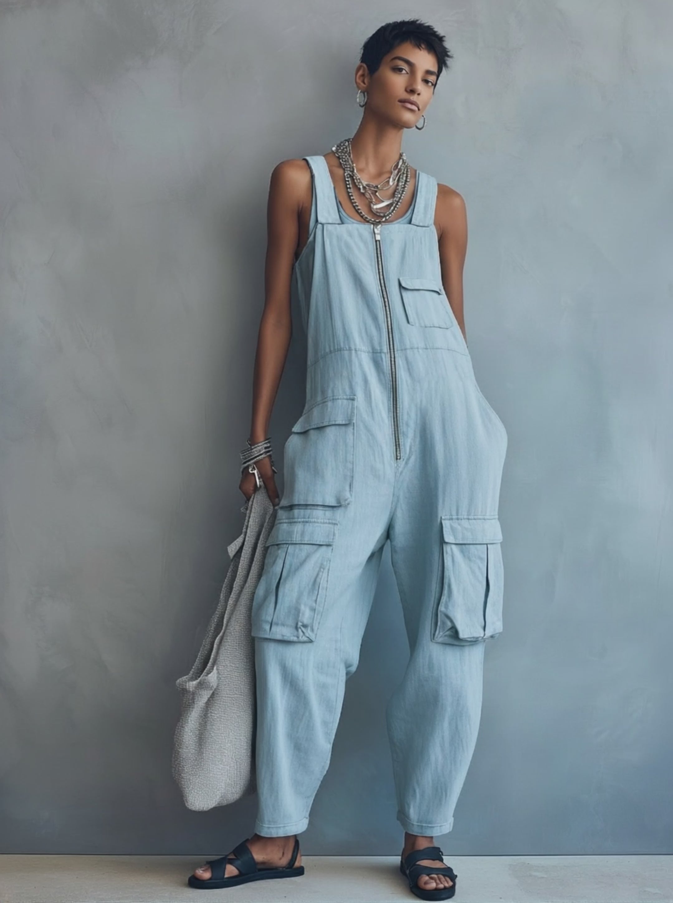 Women's Loose Casual Multi-Pocket Zipper Overalls MDZ0551F7WY