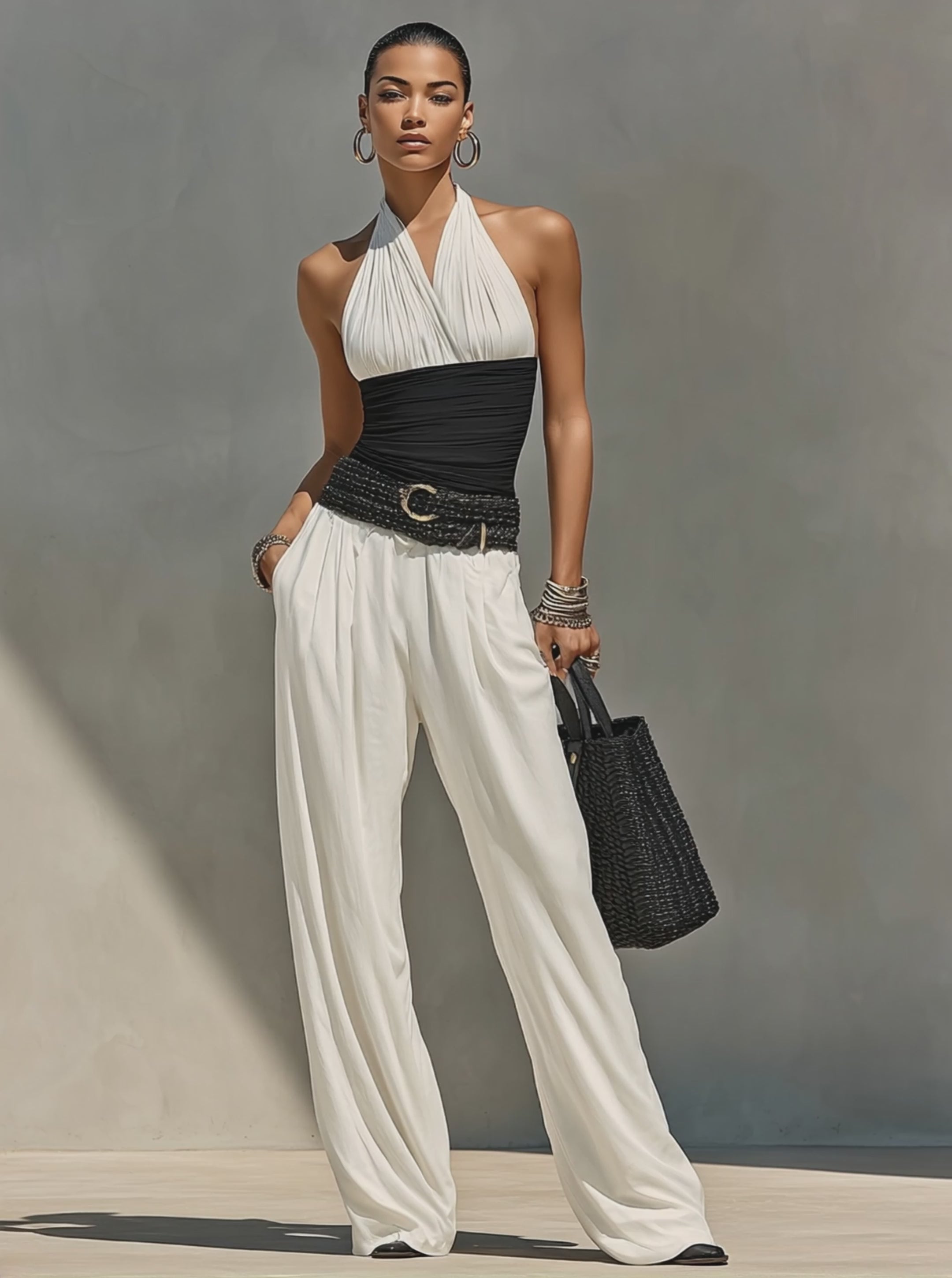 Women's Monochrome Ruched Halter Top & High-Waisted White Pants Co-Ord, Modern Effortless-Chic Everyday Outfit (without Belt) MDZ0154F4LYL
