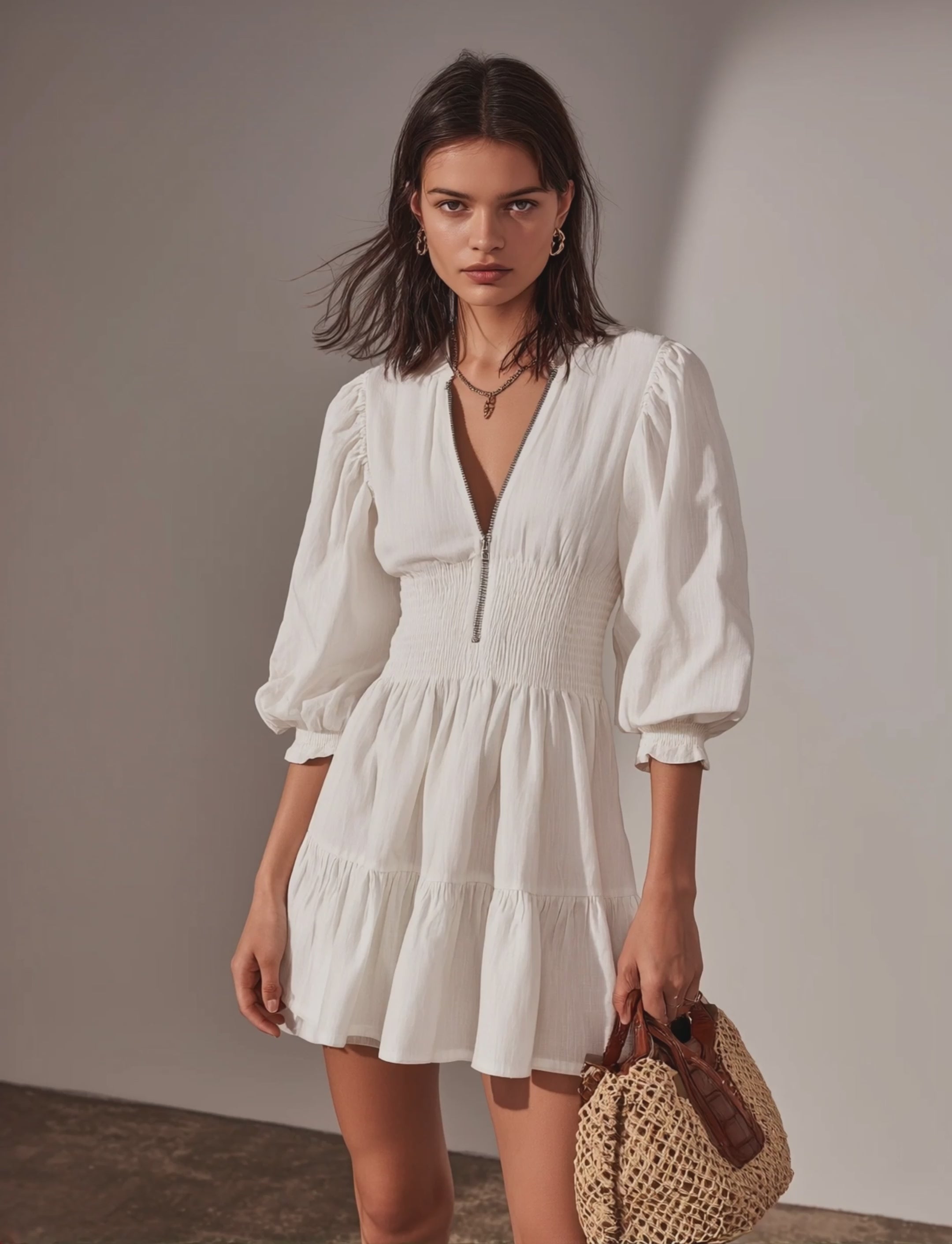 Women's Casual White Cotton-Linen Short Dress With Round Neck, Mid-Length Sleeves, And Zipper Detail MDZ3123C5LXY