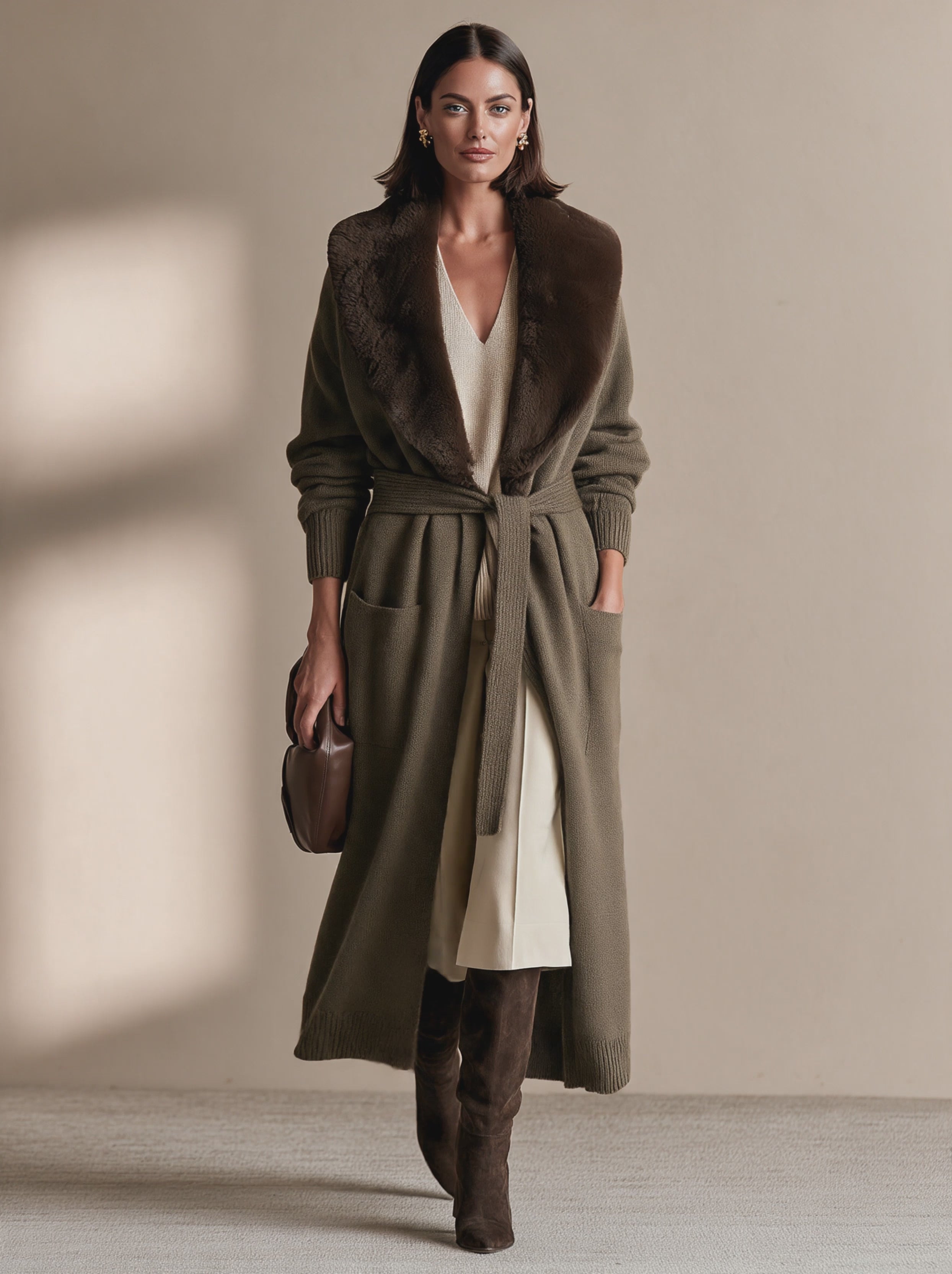 Women's Elegant Belted Knit Plush Shawl-Collar Cardigan