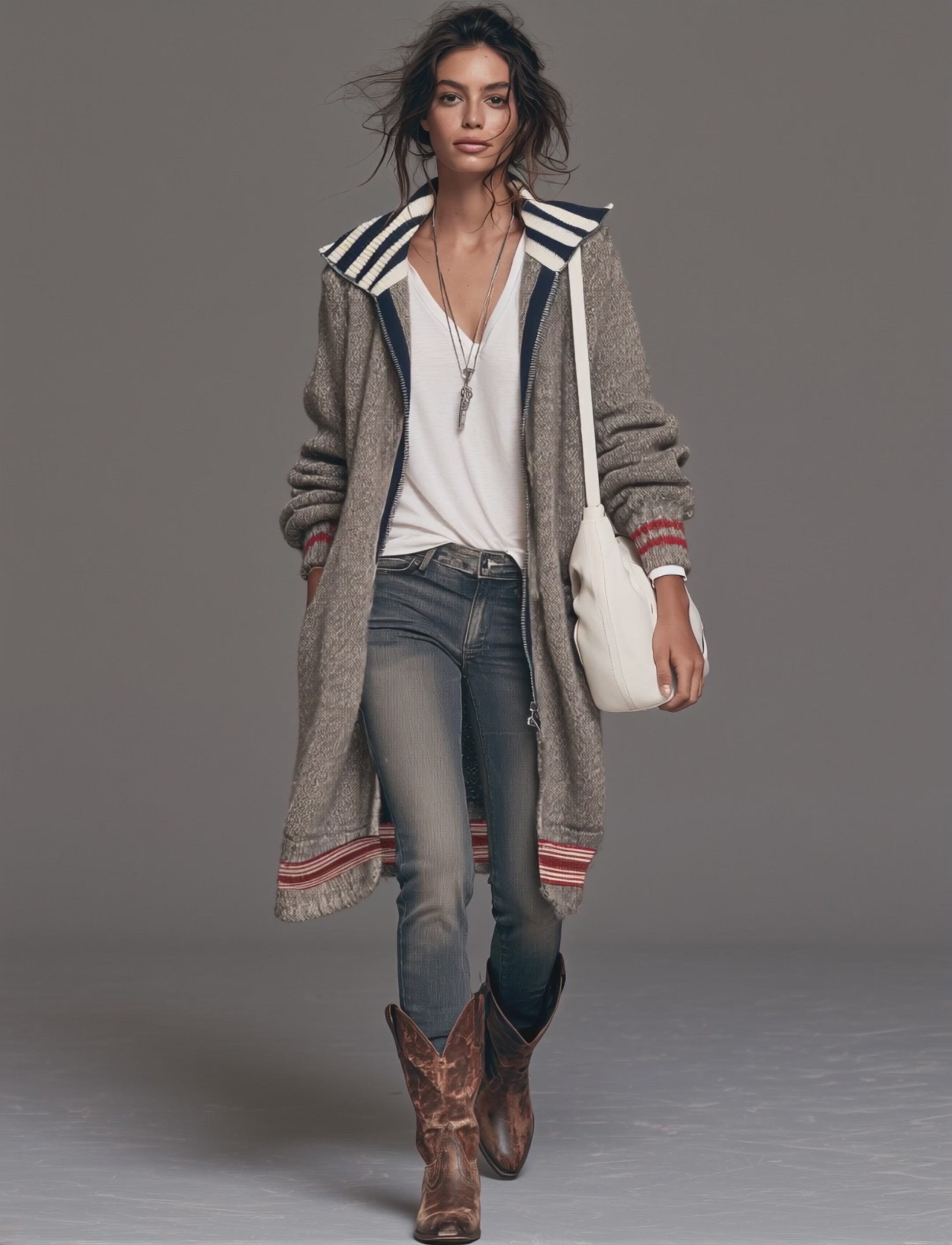 Women's Vintage Color-Block Striped Zip-Up Mid-Length Cardigan MDZ2550H4WY