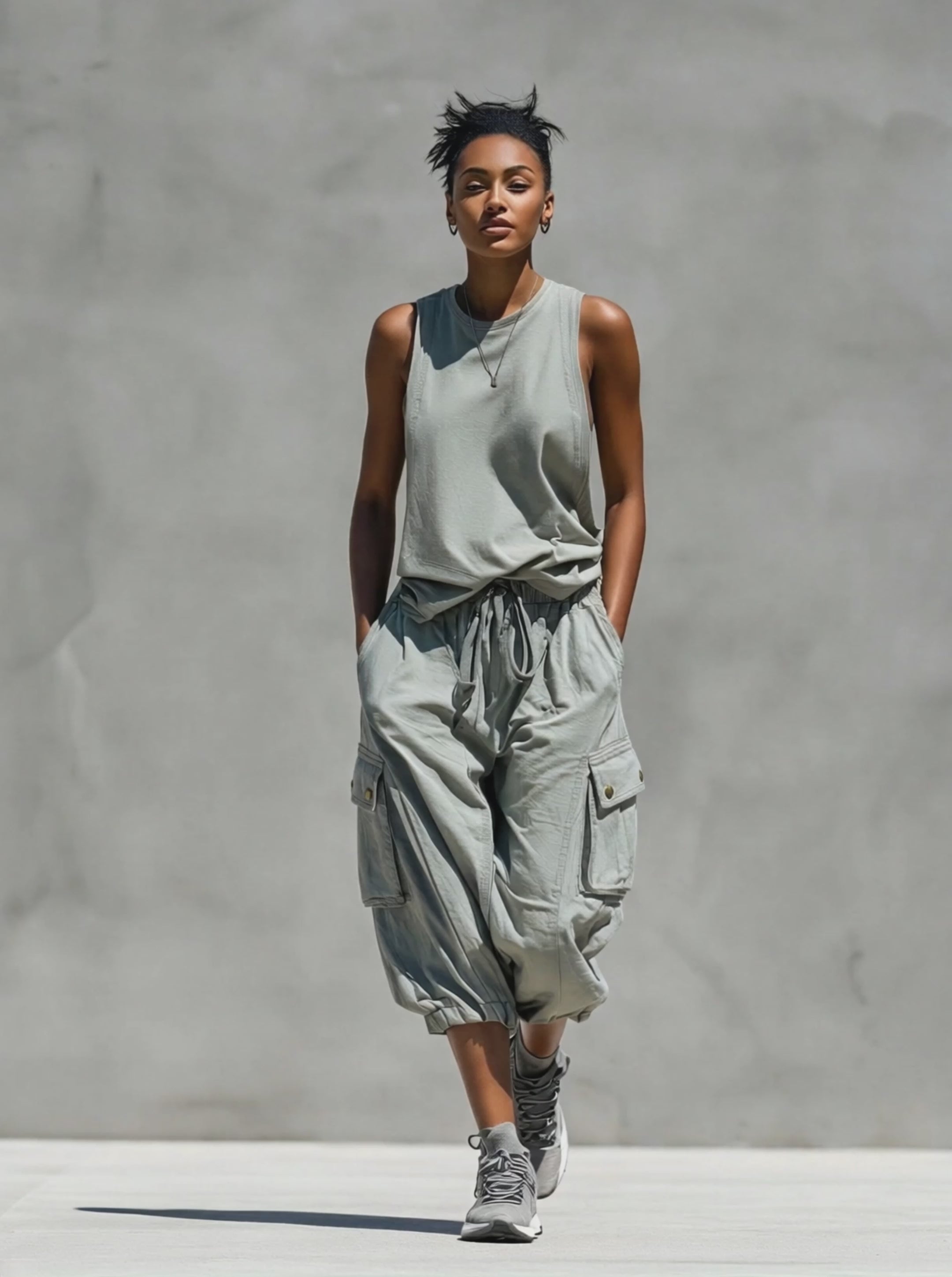 Women’s Grey Sleeveless Tank Top & Cargo Jogger Shorts Two-Piece Set MDZ0853E1T