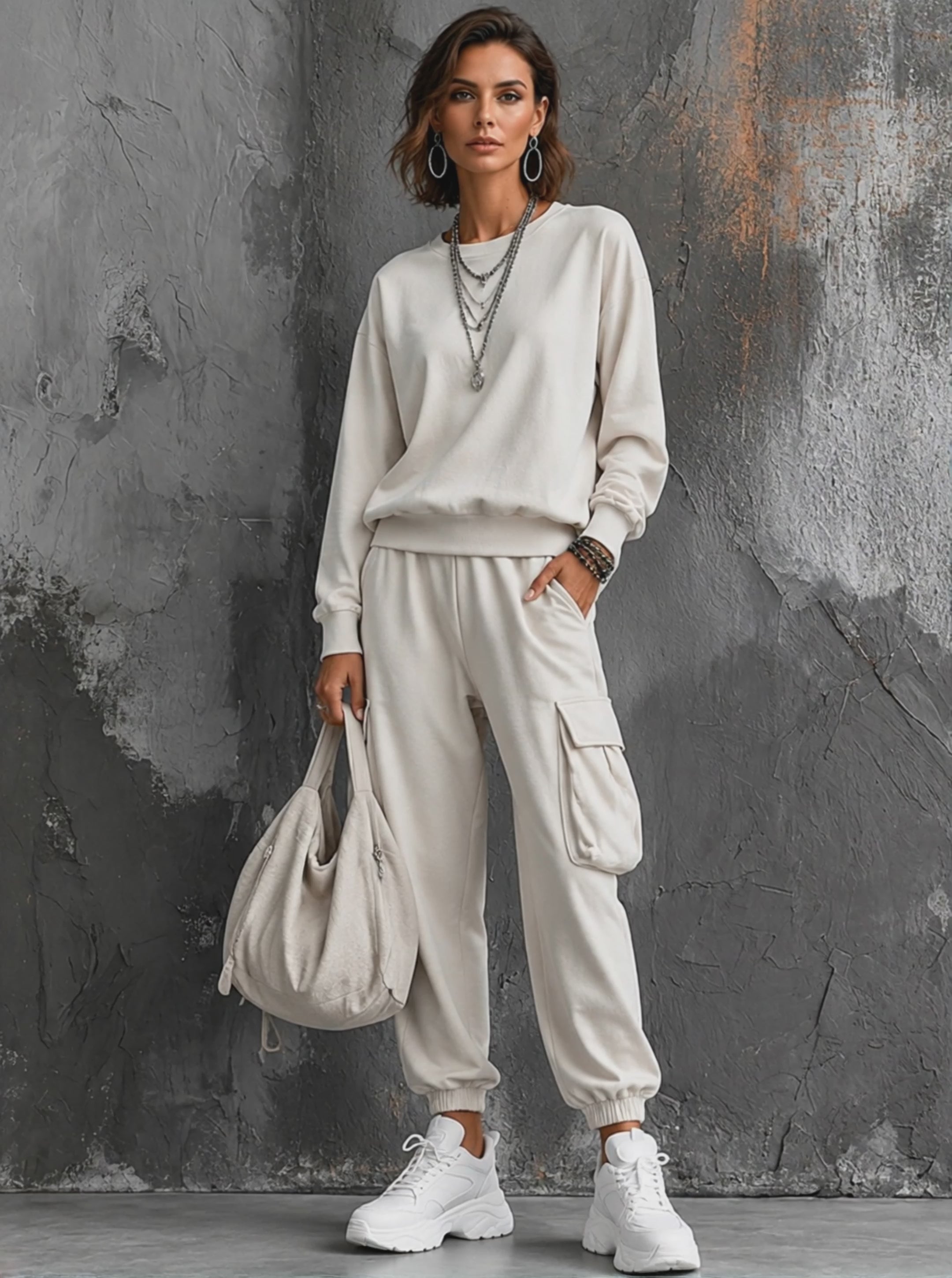 Women's Casual Street Style Off-White Cotton Blend Crew Neck Long-Sleeve Sweatshirt And Cargo Pocket Jogger Pants Set MDZ0630G1GMJ