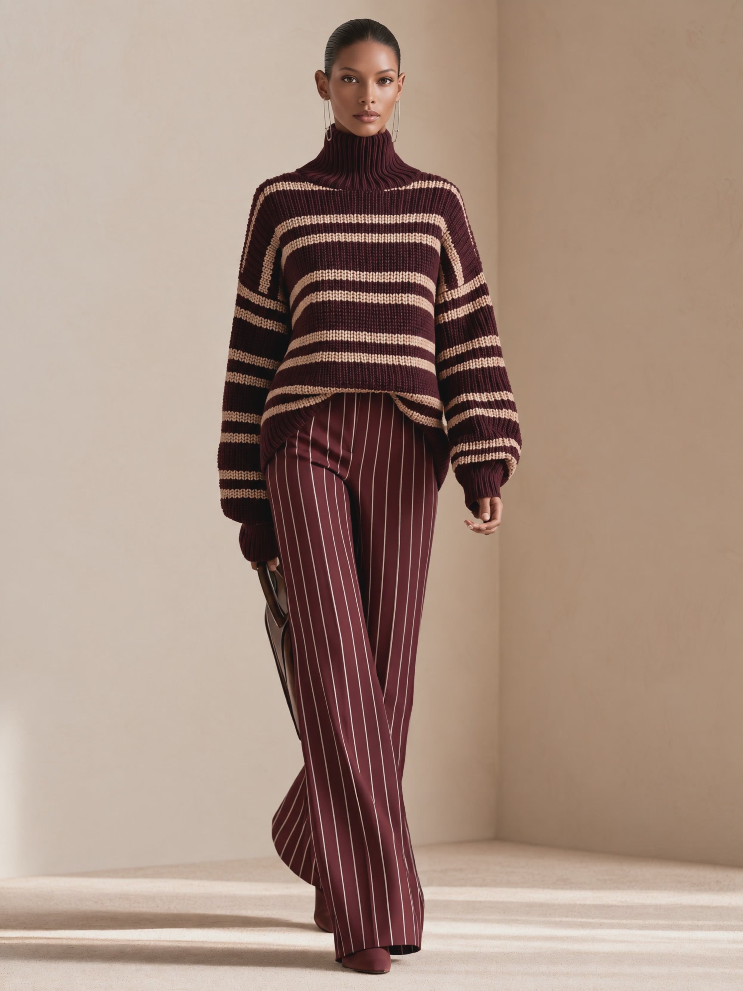 Women's Burgundy Striped Chunky Knit Turtleneck Sweater And Wide-leg Trousers Set