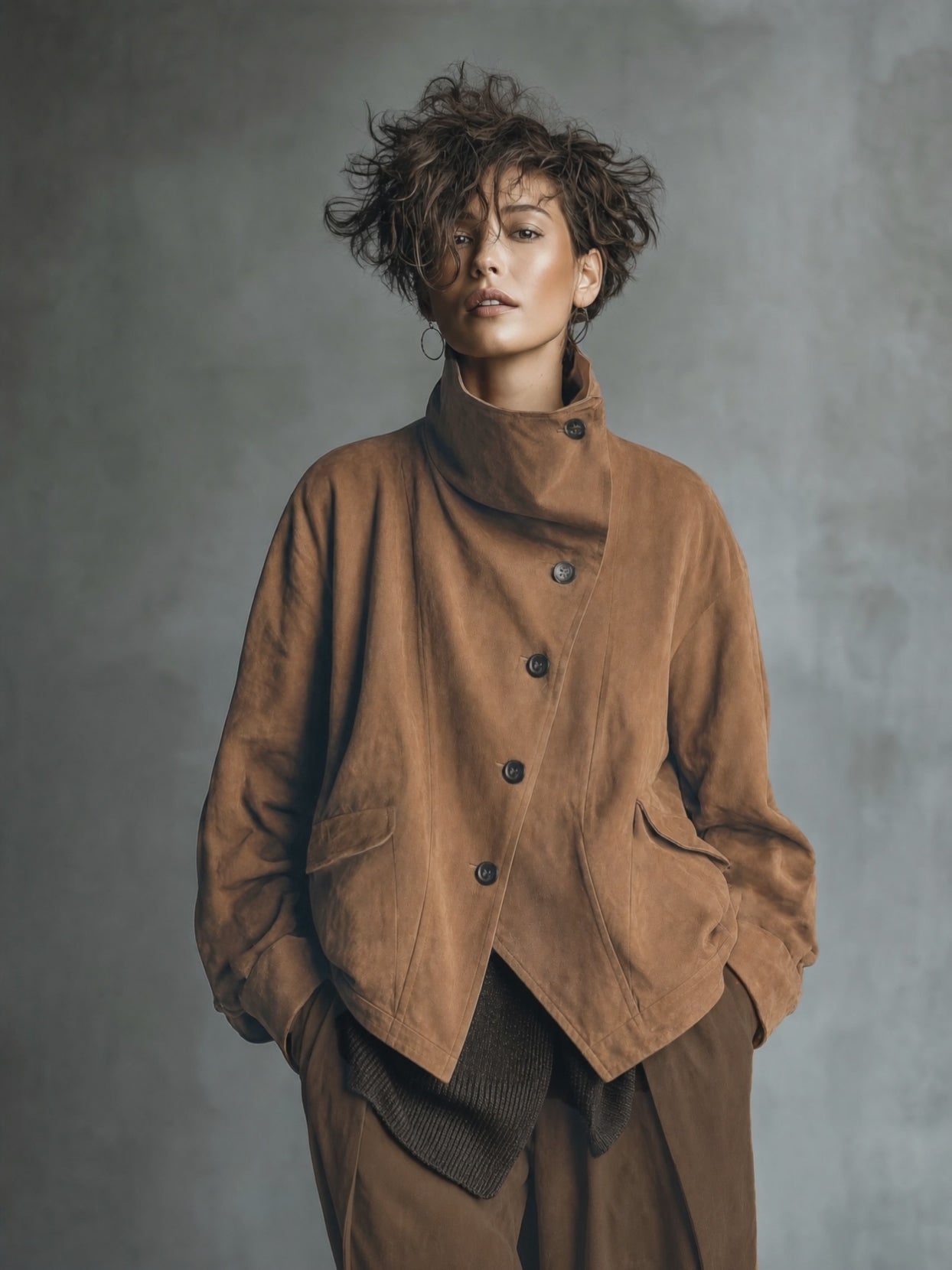 Women's Asymmetric Button Front Brown Jacket MDZ0808I0YZJ