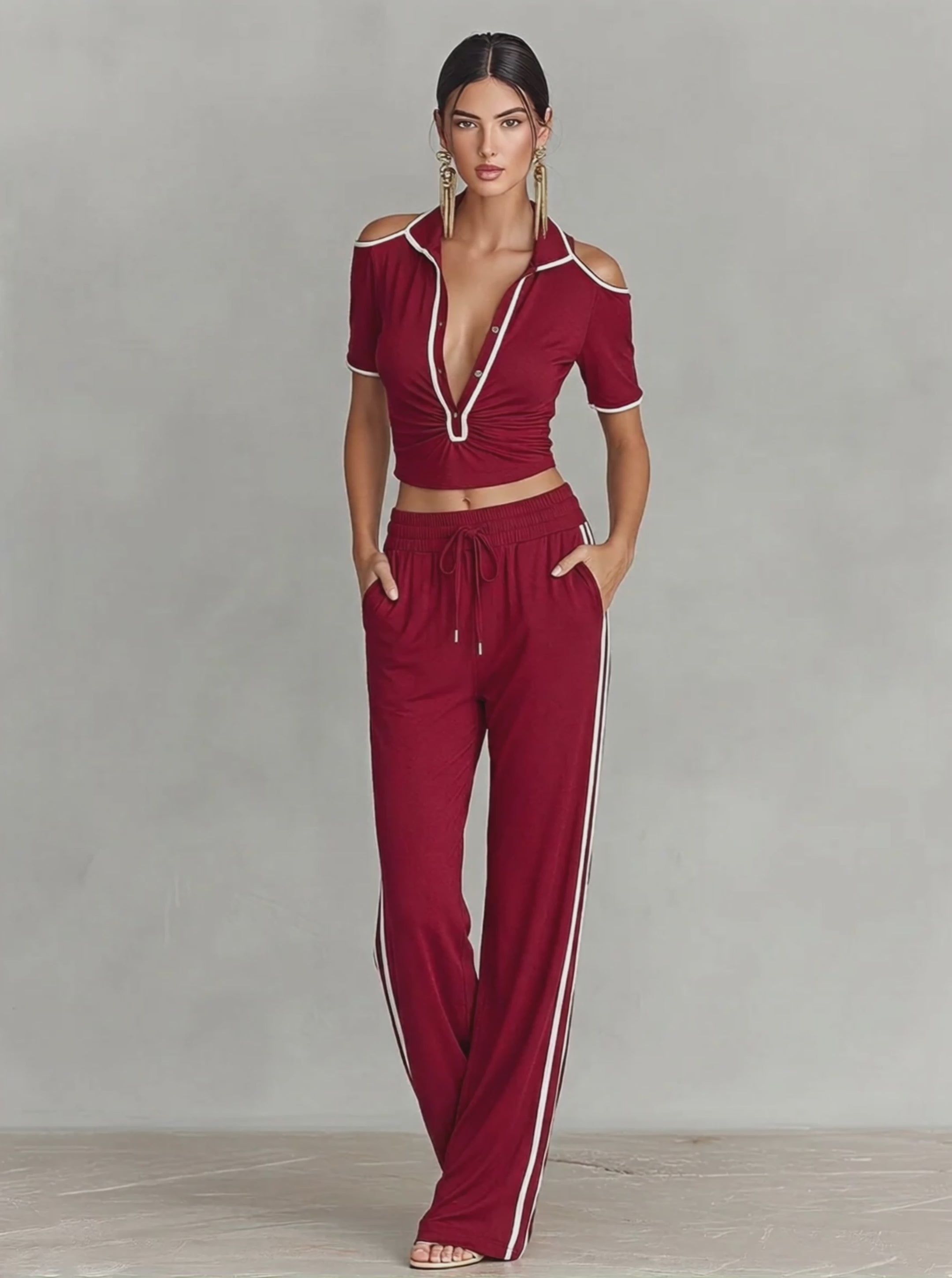 Women's Burgundy Knit Two-Piece Tracksuit With Cold Shoulder Crop Top & Striped Pants, Timeless Sporty Casual Outfit MDZ1808E1LYL