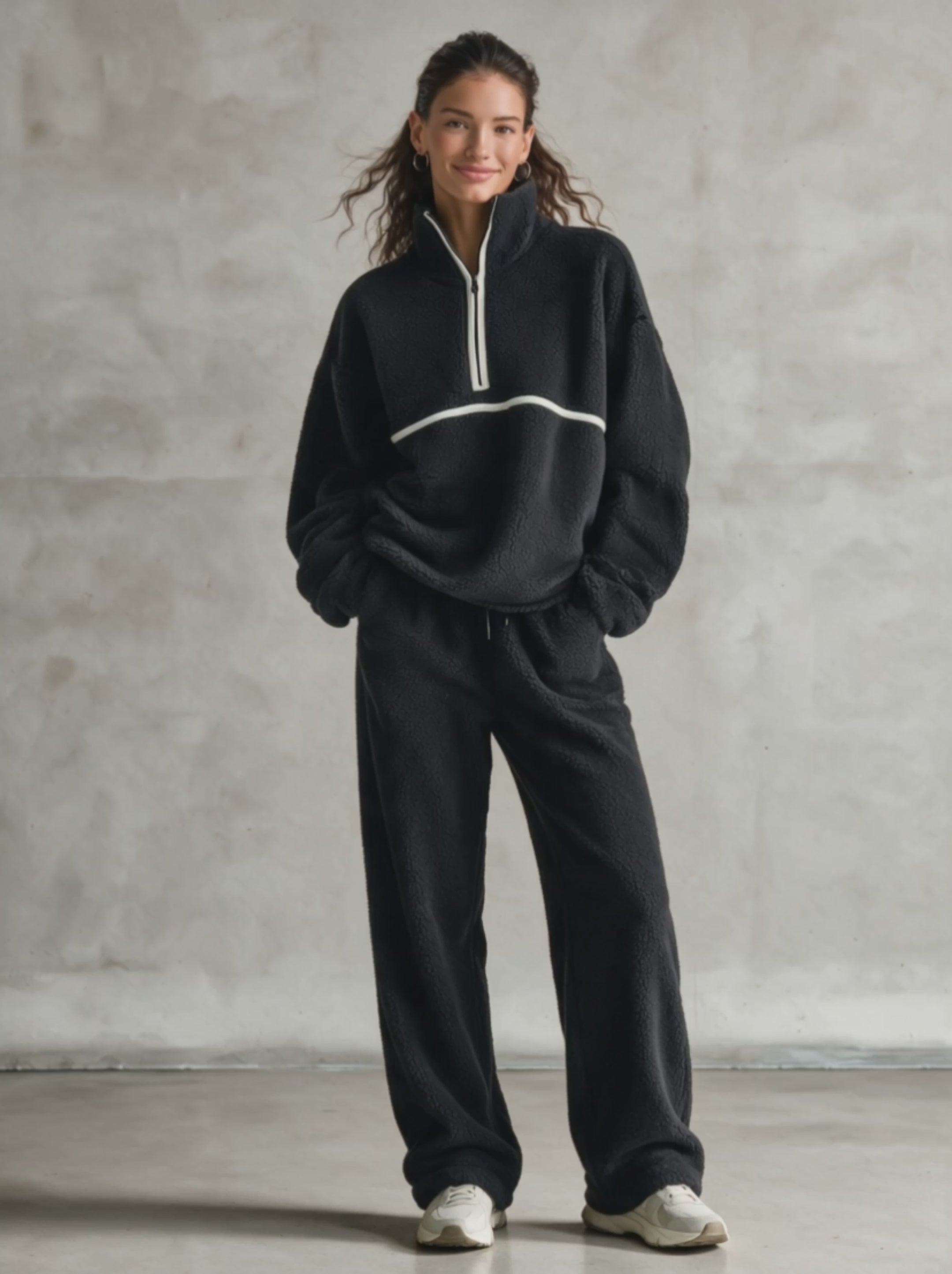 Women's Half-Zip Contrast Stripe Sherpa Two-Piece Set