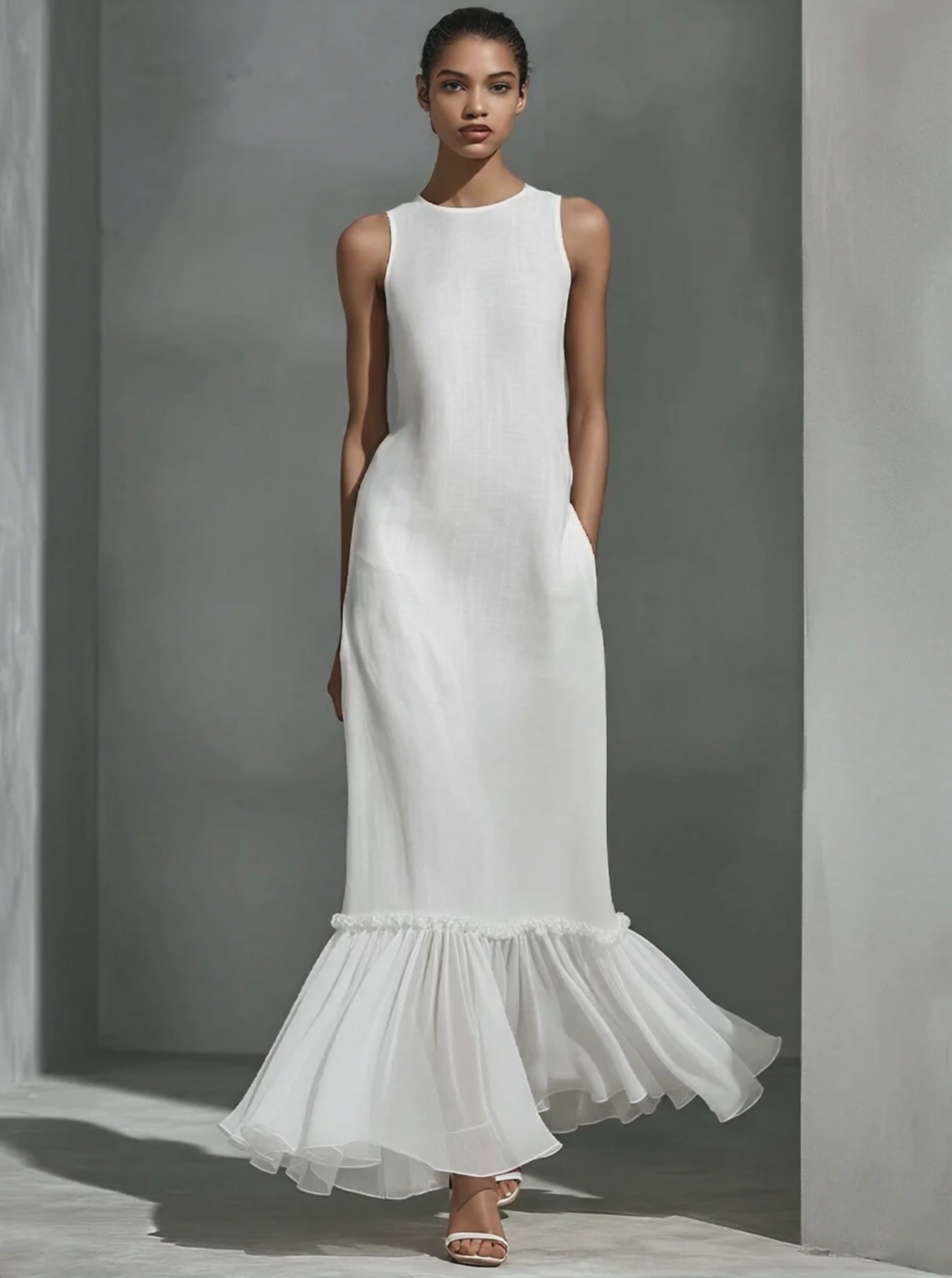 Women’s White Linen-Blend Sleeveless Maxi Dress With Sheer Ruffled Hem MDZ1491E6T