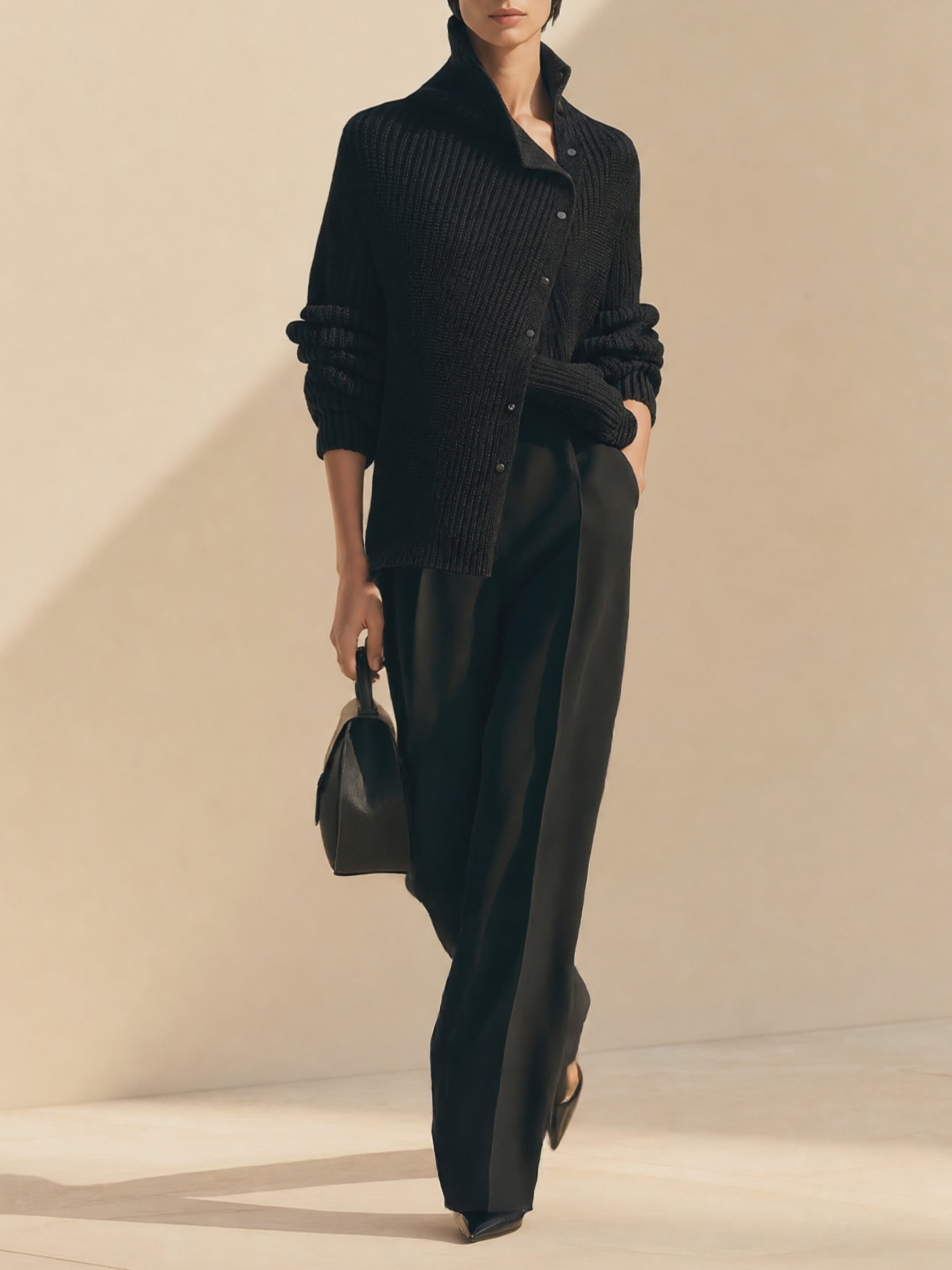 Ribbed Knit Asymmetric Cardigan with Wide-Leg Trousers Set